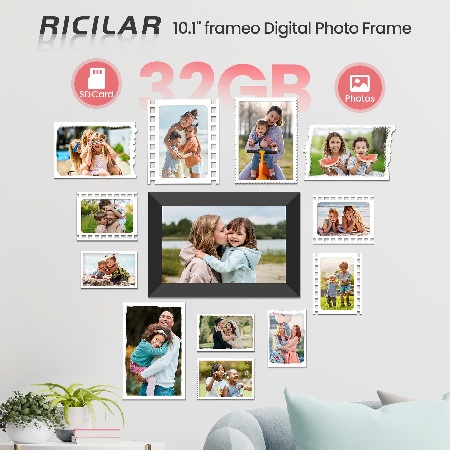 RICILAR Frameo WiFi Digital Picture Frames 2 Pack, 10.1-inch Electronic Photo Frames with IPS Touch Screen, 32GB Storage, Auto-Rotate, Wall Mountable, Ideal Gift Selection!