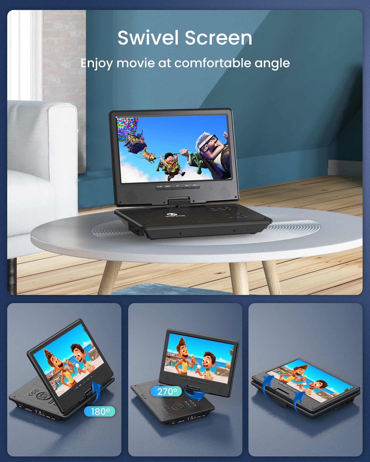 WONNIE 12.5" Portable DVD Player, Premium 10.5" HD Swivel Screen DVD Player for Kids, Built in 5 hours Rechargeable Battery Car DVD Player Support USB/SD Card/Sync TV (Car Headrest holder included)