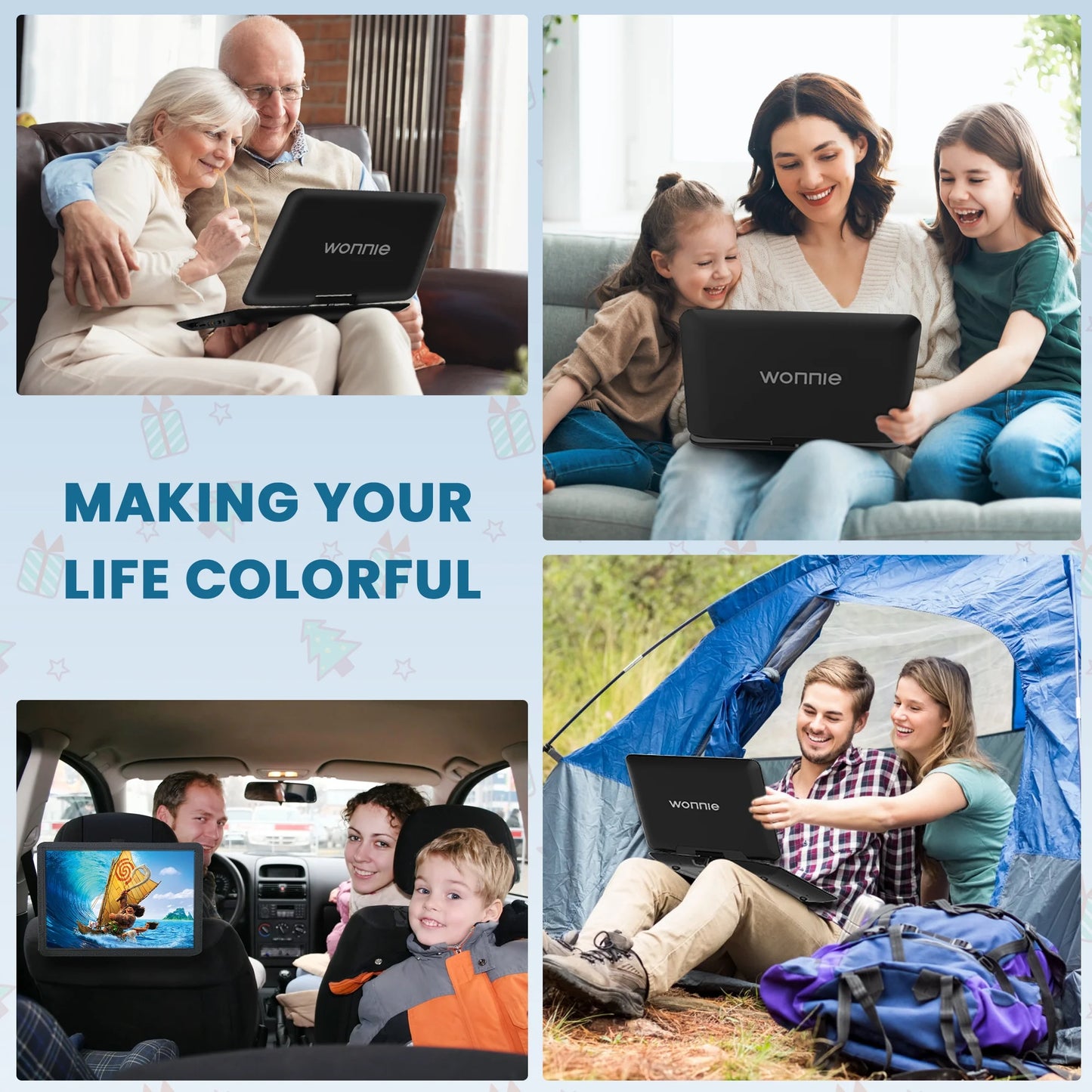 WONNIE 16.9" Portable DVD Player with 14.1" Large Swivel Screen for Car and Kids, Headrest DVD Player with 6 Hrs Rechargeable Battery, Dual Speakers, Support USB/SD Card/Sync TV