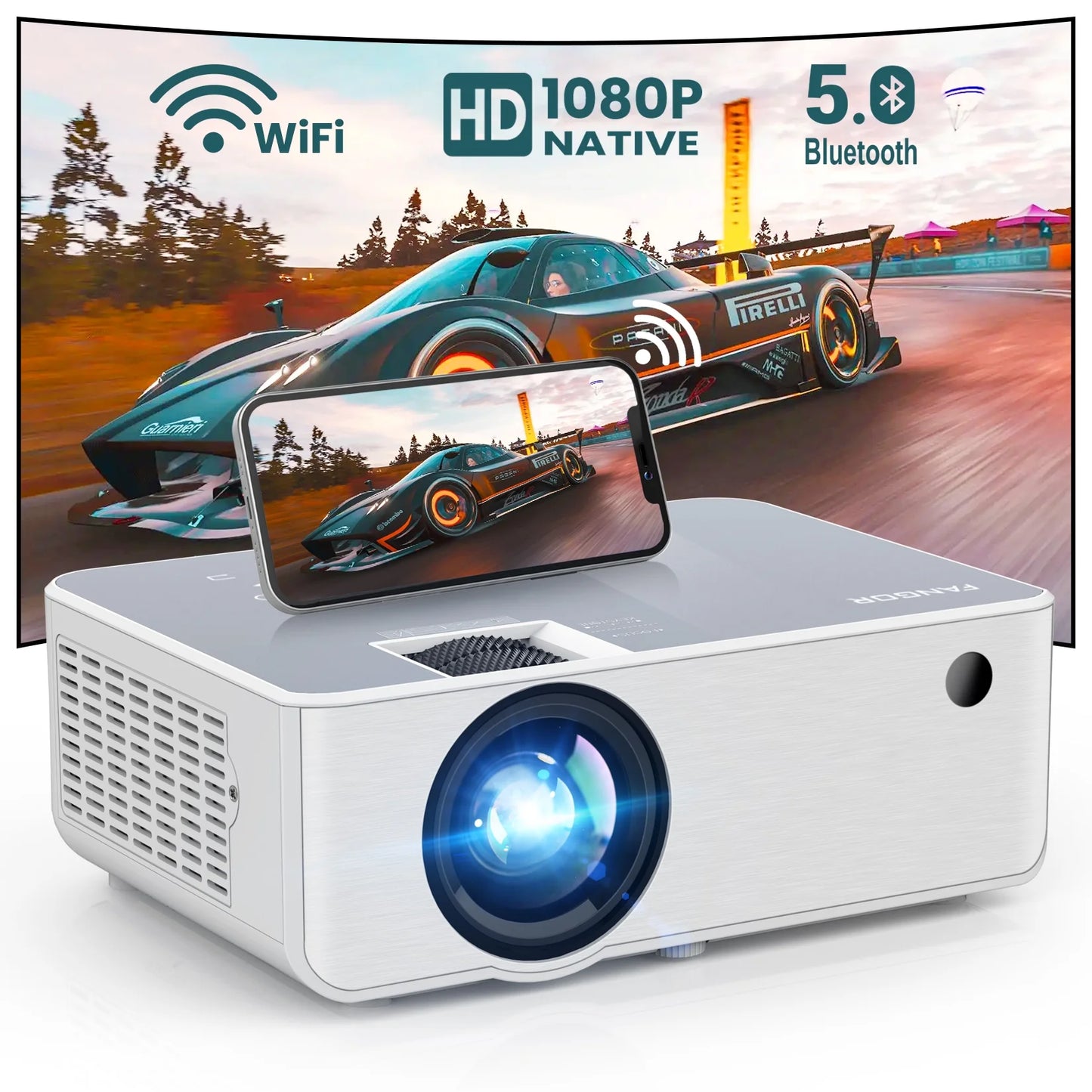 FANGOR WiFi Bluetooth Projector, Portable Movie projector Native 1080P for Home &Outdoor, Full HD Video Projector Compatible with Phone/Laptop/PC/ TV Stick/USB/SD card (Tripod included)