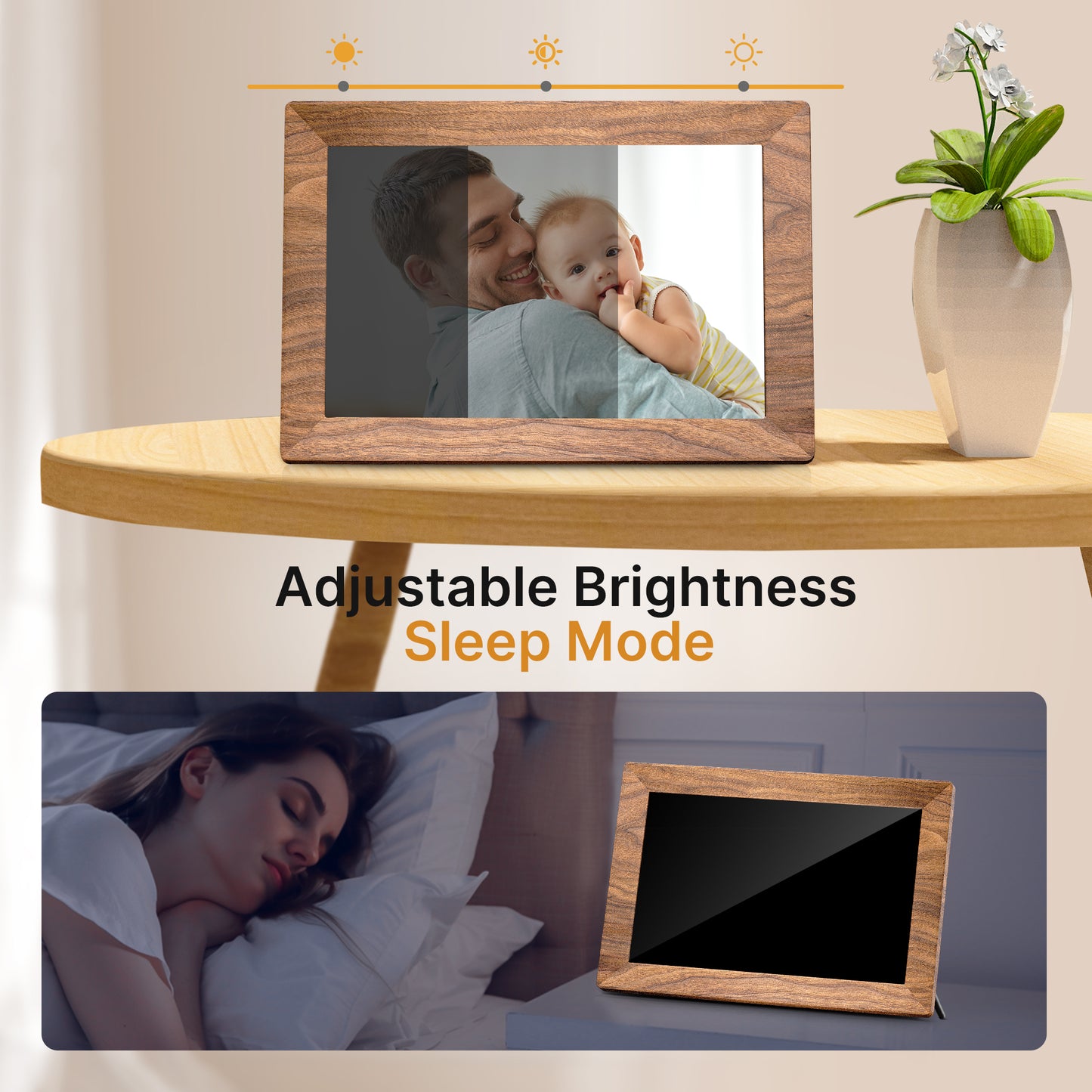 TEMASH Smart Digital Picture Frame WiFi, 10.1 inch Wood Grain Plastic Electronic Photo Frame 32GB Storage Support TF Card IPS Touchscreen, Auto-Rotate Share Photos Wishes, Best Gift