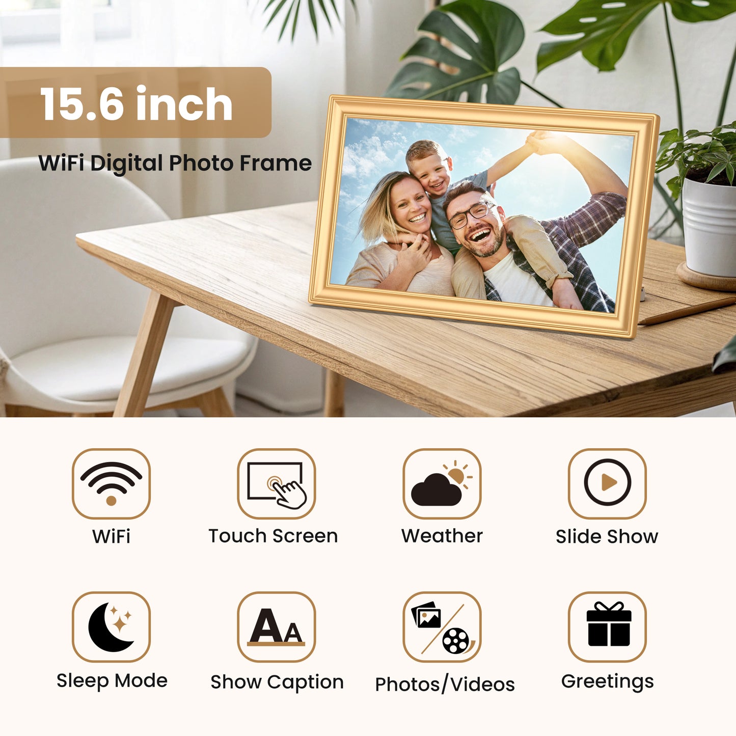 TEMASH Frameo 15.6 Inch WiFi Digital Picture Frame Gold Large Digital Photo Frame 32GB Storage 1920×1080 IPS FHD Touchscreen Auto Rotate Share Video Picture Instantly via App Gifts for Family