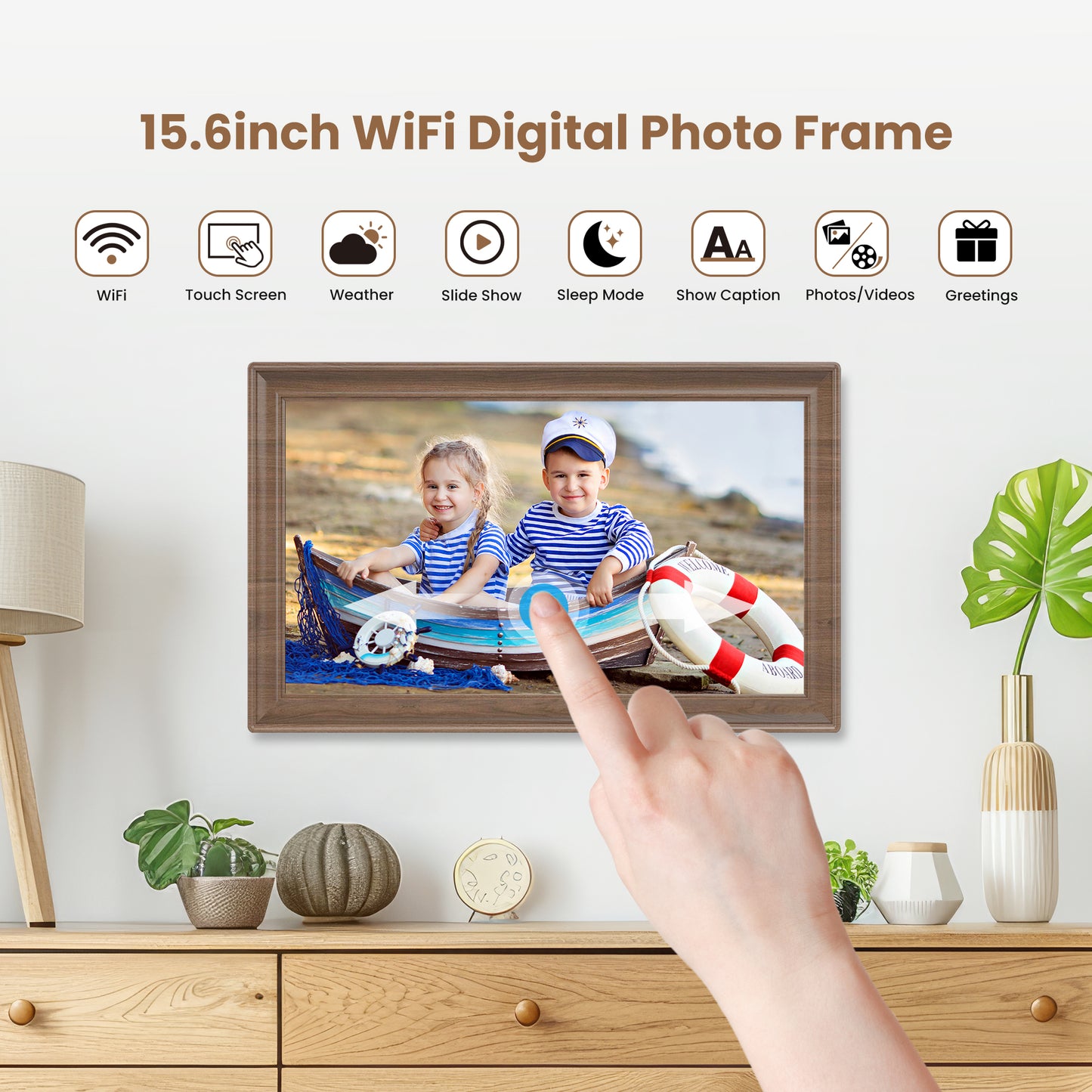 TEMASH Frameo 15.6 Inch WiFi Digital Picture Frame Woodgrain Large Digital Photo Frame 32GB Storage 1920×1080 IPS FHD Touchscreen Auto Rotate Share Video Picture Instantly via App Gifts for Family
