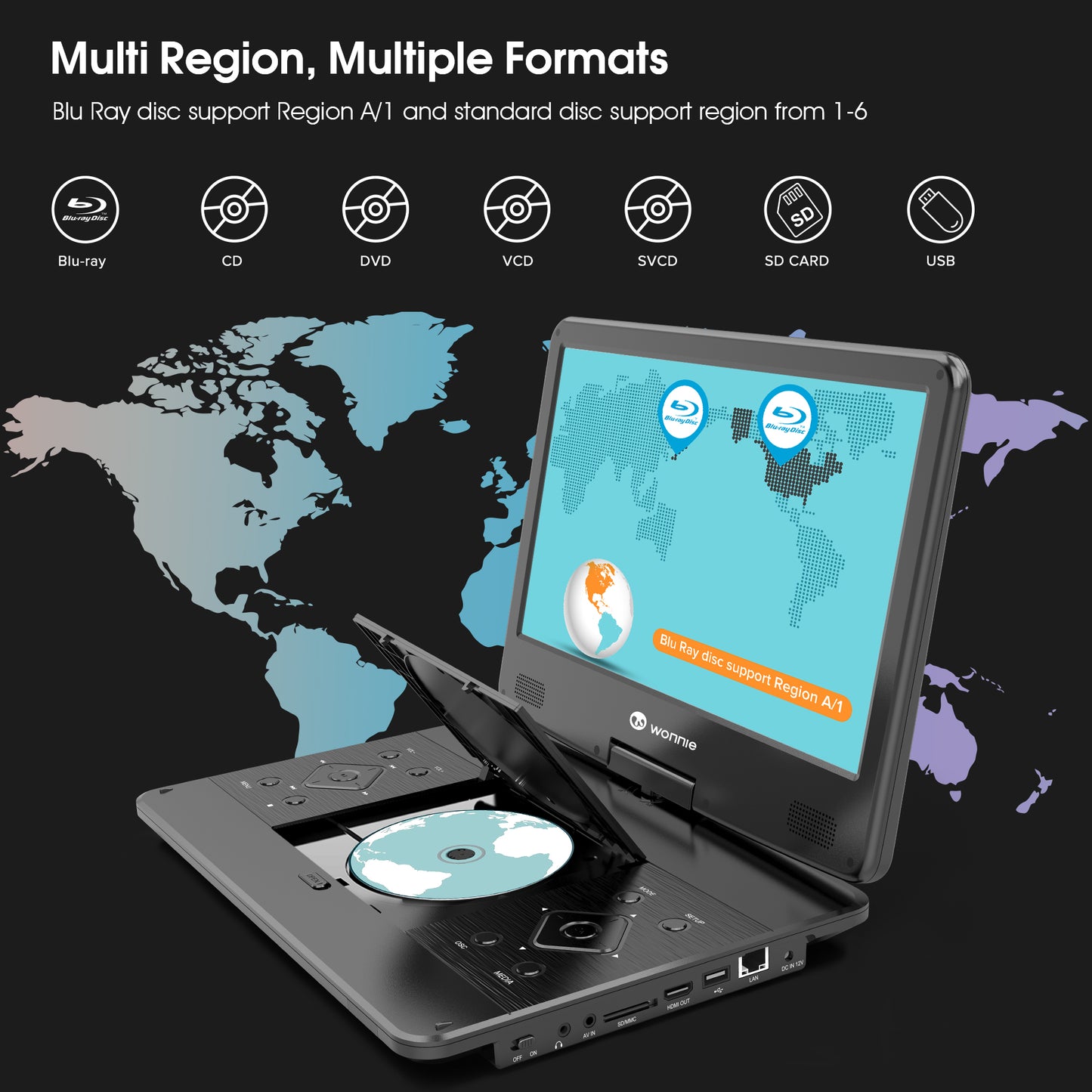 WONNIE Portable Blu Ray DVD Player, 16.9 inch DVD Player with 14.1" 1080p HD Screen, Blu Ray Players built in 5000mAh Battery, Supports HDMI Output, Dolby Audio, Last Memory, USB/SD Card, AV in