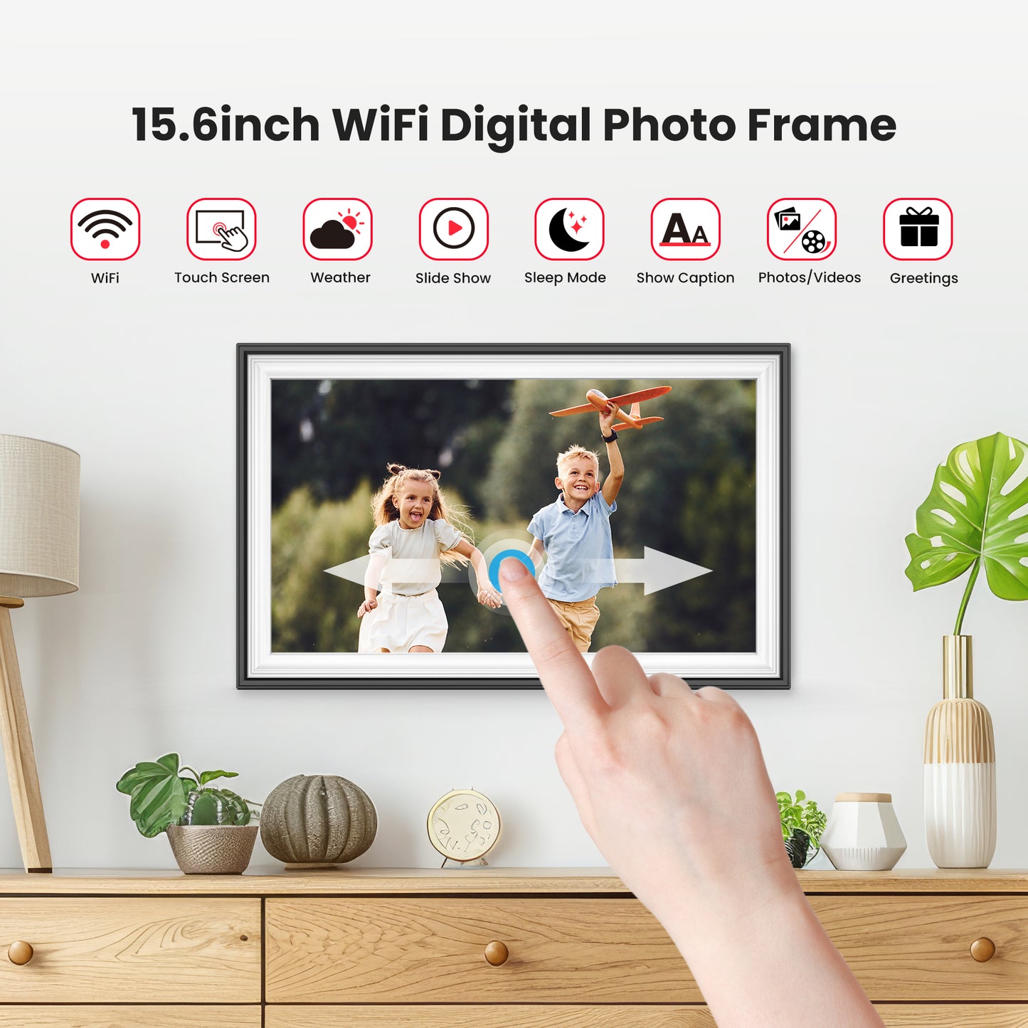 Frameo Digital Picture Frame, TEMASH 15.6 Inch Large Digital Photo Frame WiFi with 32GB Storage, 1920*1080 FHD IPS Touchscreen Auto Rotate, Easy to Share Photos Videos, Black with White Mat