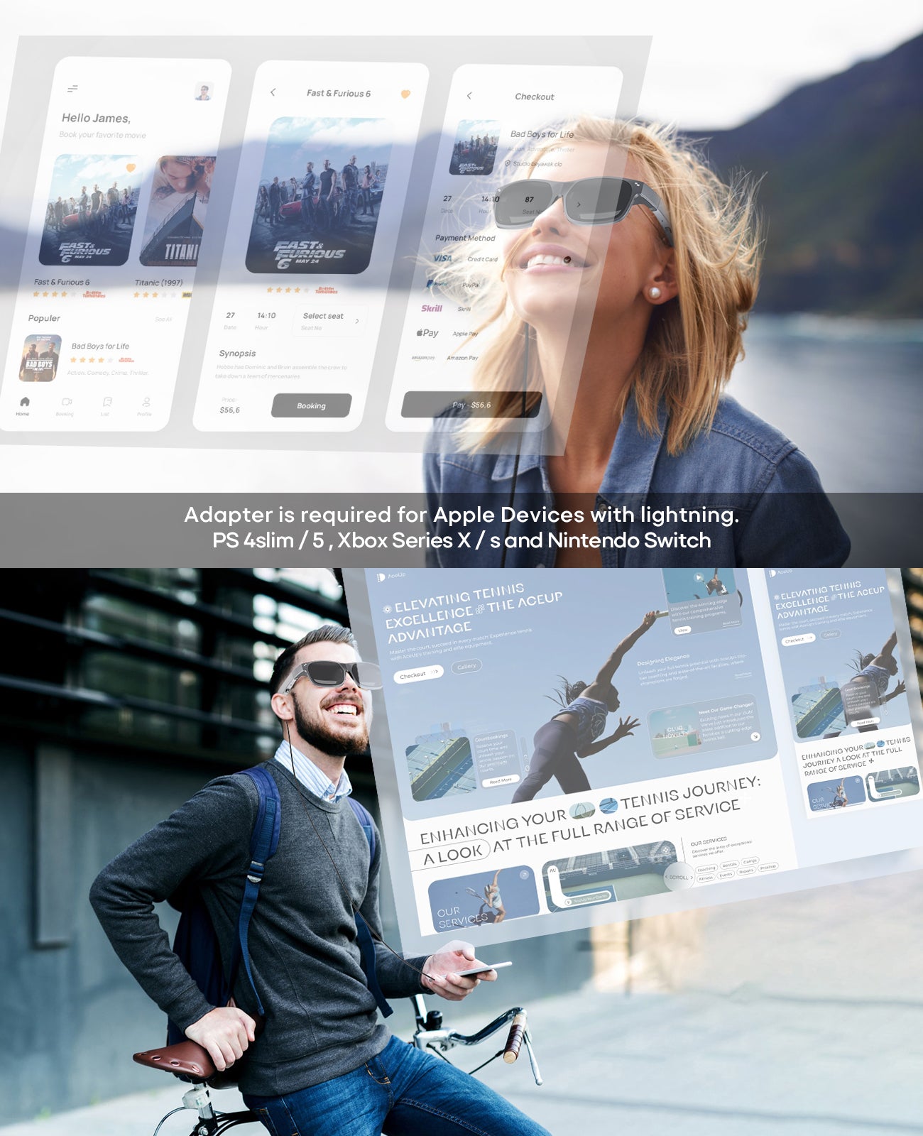 AR Glasses, Smart Glasses with Massive 201 Inch Micro OLED Virtual Theater, 1080P, 3D Movie, 50° FOV, 400 nits Brightness, Support Stream, Game and Work on PC/Android/iOS/Consoles/Cloud