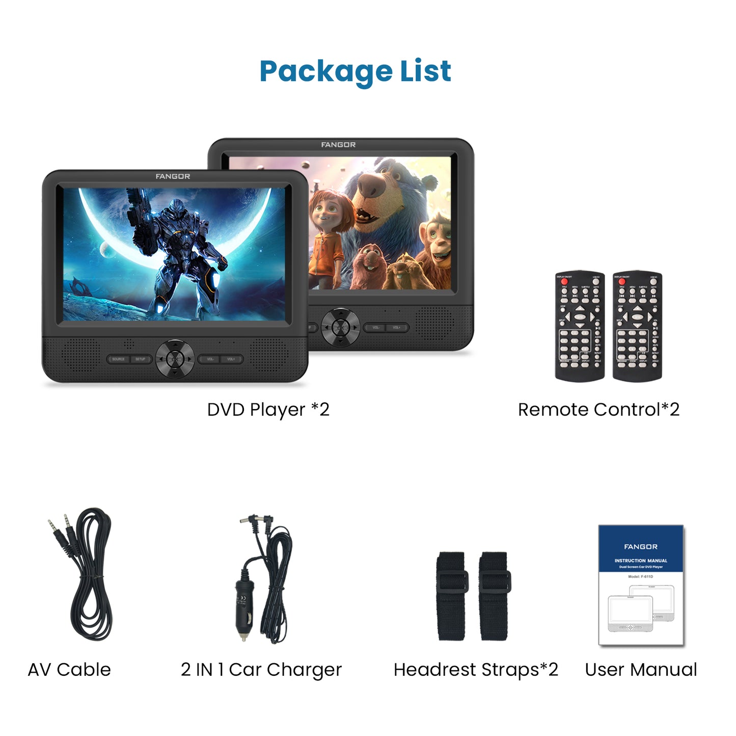 FANGOR Dual Screen DVD Player, 7.5" Portable Headrest Car DVD Player with Monitor, 5 Hours Rechargeable Battery, Last Memory, AV Out& In, Support USB/SD/Sync TV, Best Gift choice !