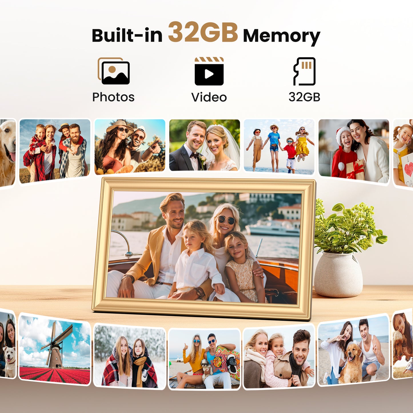TEMASH Frameo 15.6 Inch WiFi Digital Picture Frame Gold Large Digital Photo Frame 32GB Storage 1920×1080 IPS FHD Touchscreen Auto Rotate Share Video Picture Instantly via App Gifts for Family