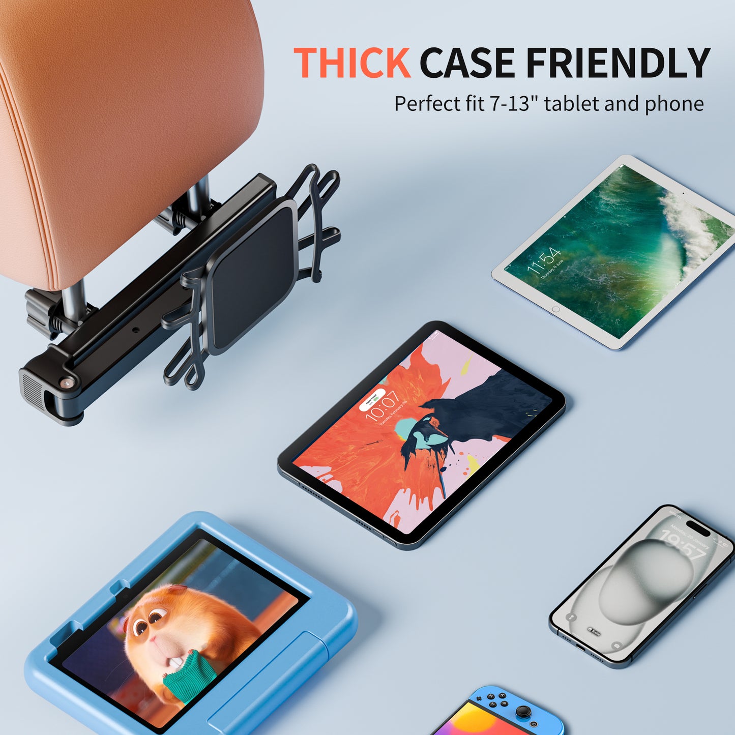 Car Headrest Tablet Holder for Kids, 360° Rotation Silicone Holder Tablet Stand, Adjustable Headrest Mount Fits for 4.7-13" Phone, iPad Pro/Air/Mini