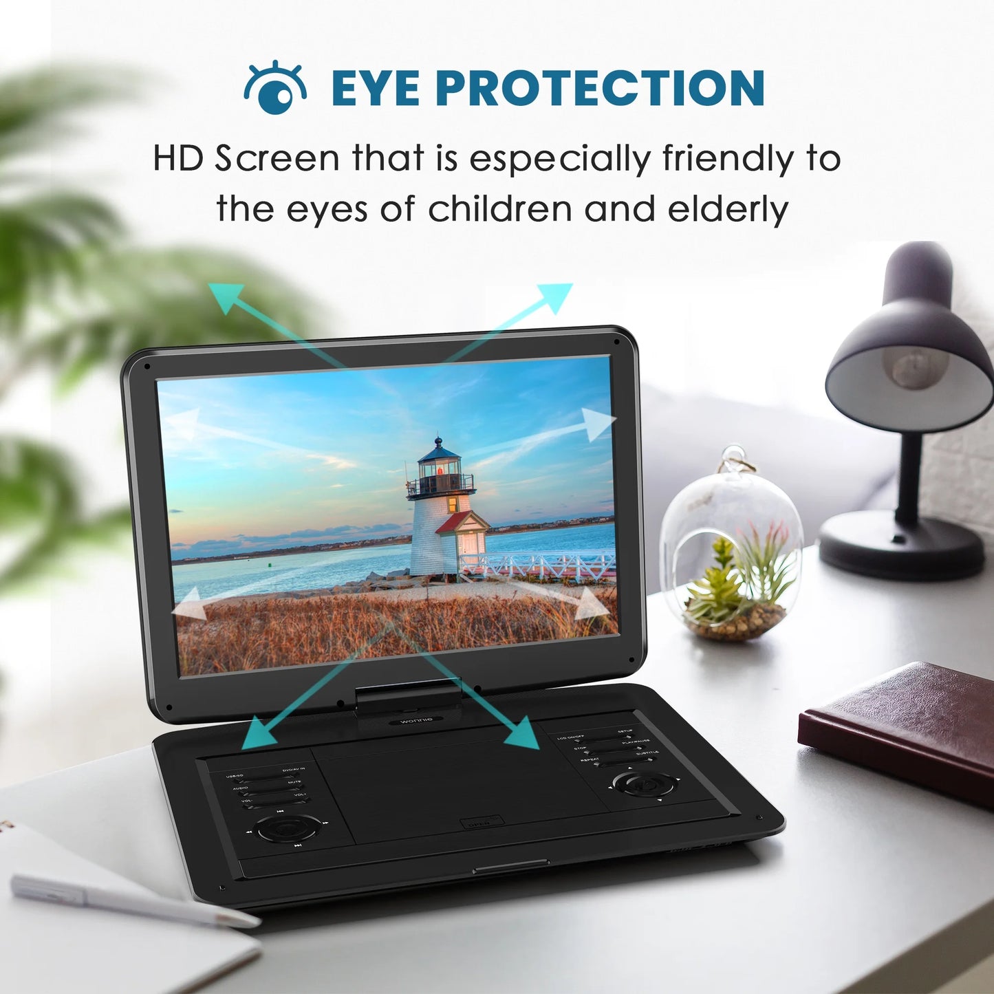 WONNIE 16.9" Portable DVD Player with 14.1" Large Swivel Screen for Car and Kids, Headrest DVD Player with 6 Hrs Rechargeable Battery, Dual Speakers, Support USB/SD Card/Sync TV