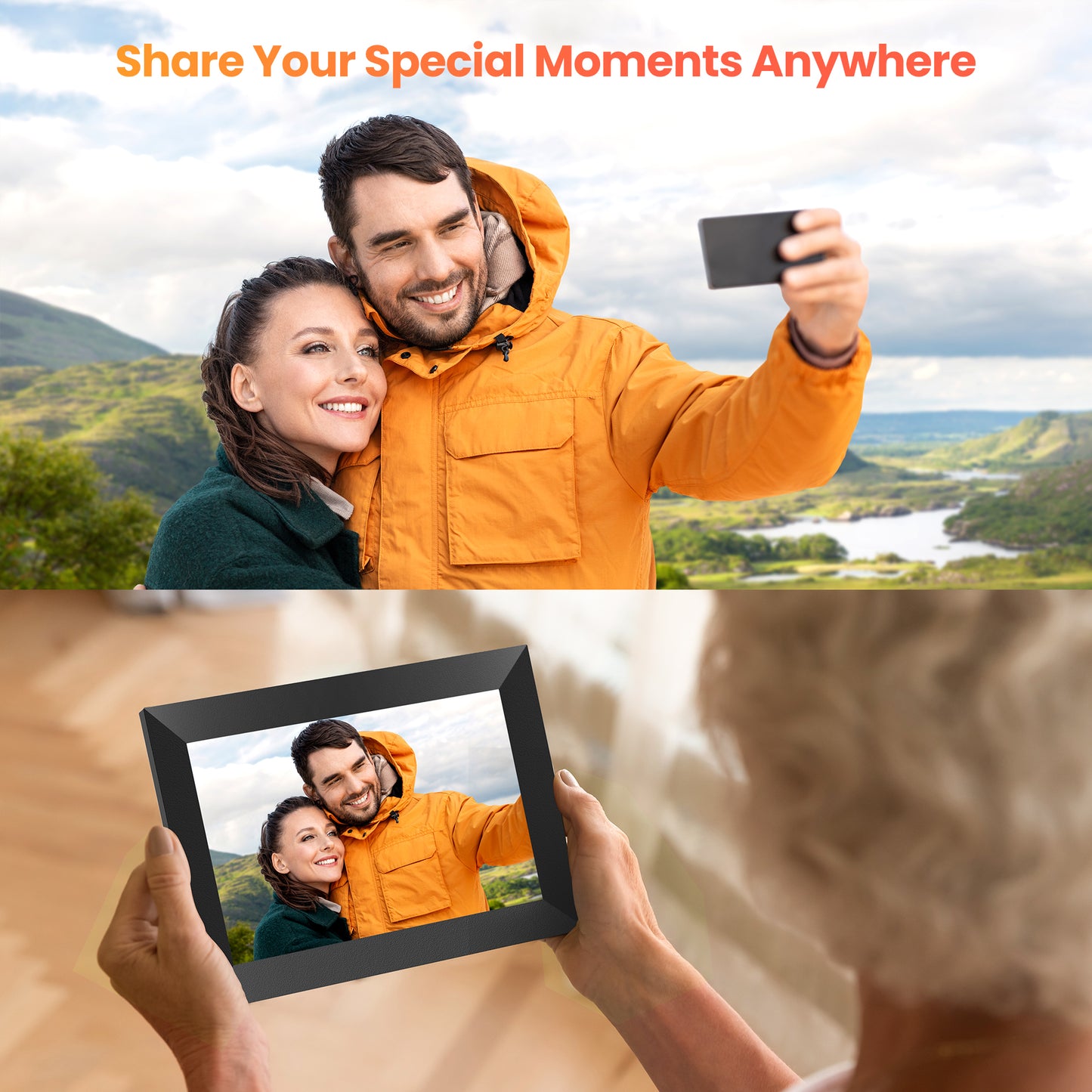 FANGOR WiFi Digital Picture Frame 10.1 Inch, 1080P IPS Touch Screen Smart Photo Frame with 16GB Memory, Auto-Rotate, Wall Mountable, Send photos & videos via free app,Best gift for family!