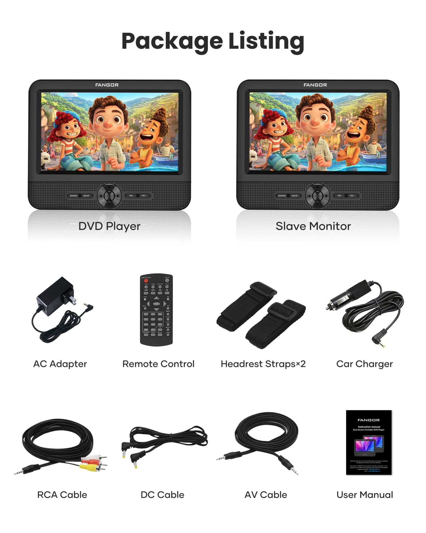 FANGOR 7.5" Portable Dual DVD Player for Car, Headrest Dual Screen DVD Player with Headrest Strap, Support Play a Same or Two Different Movies, AV Out& in/USB/SD,Best Gifts (Without Built-in Battery)