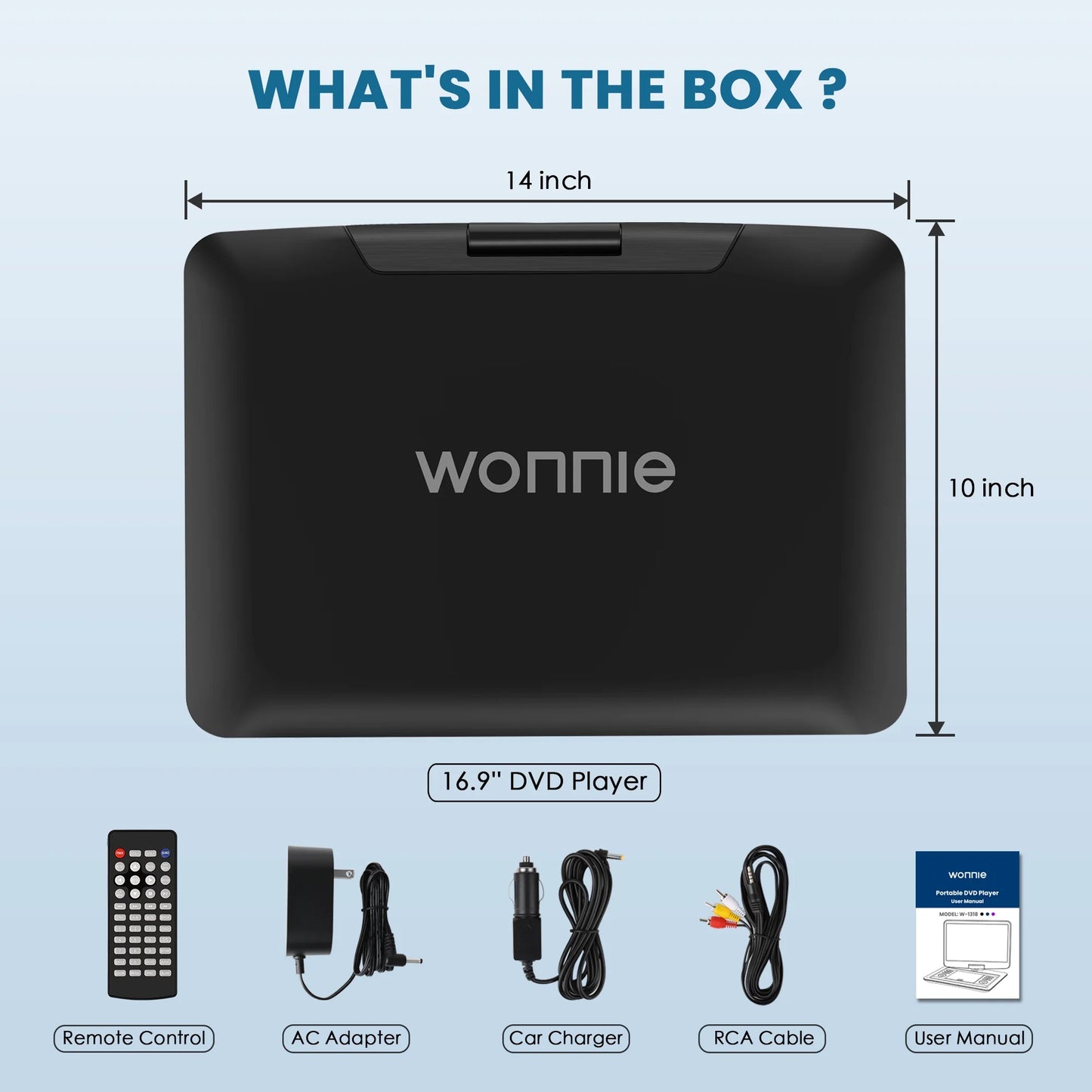 WONNIE 16.9" Portable DVD Player with 14.1" Large Swivel Screen for Car and Kids, Headrest DVD Player with 6 Hrs Rechargeable Battery, Dual Speakers, Support USB/SD Card/Sync TV