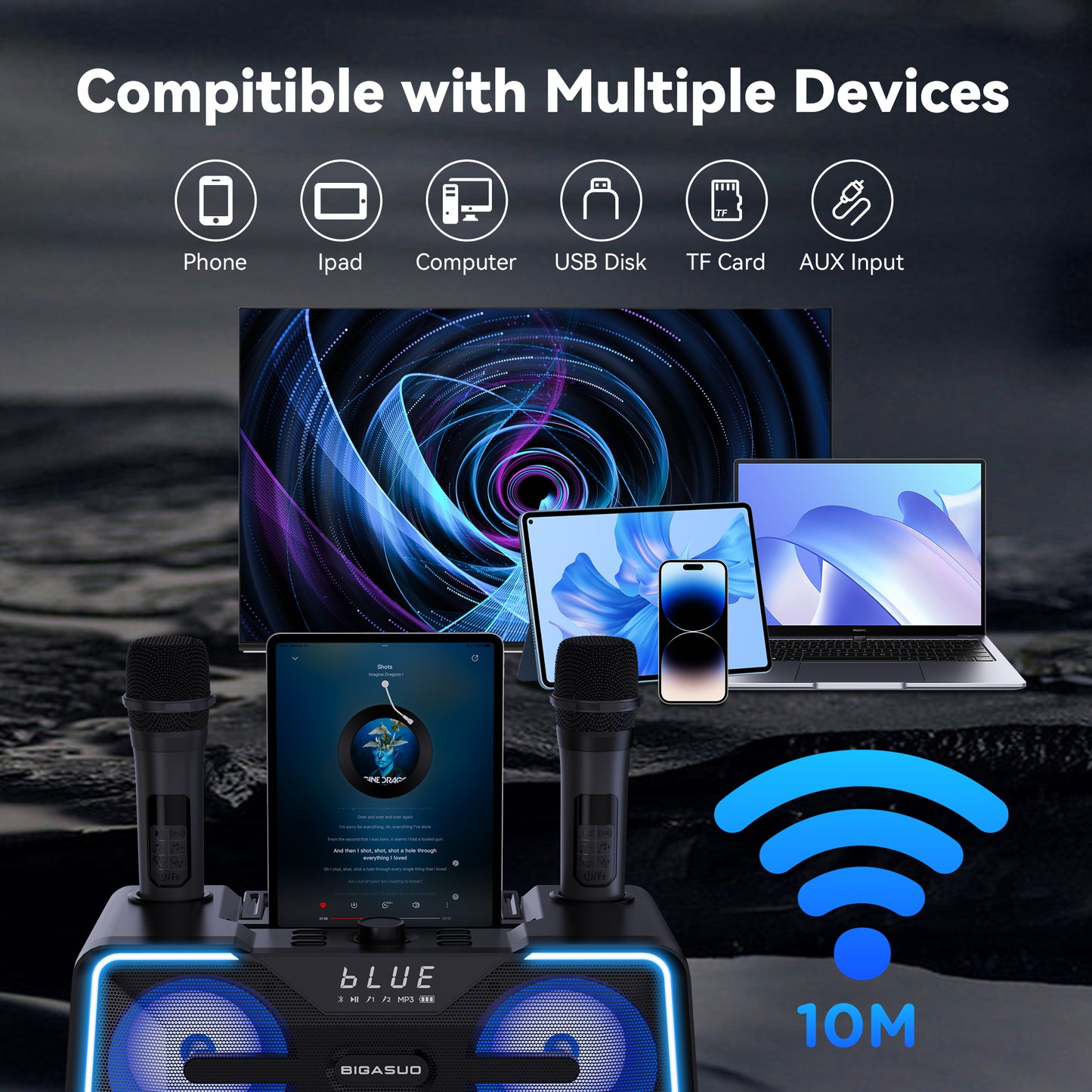 Bluetooth Karaoke Machine with 2 UHF Wireless PA System Microphones for Adult, BIGASUO Portable handheld Party Speaker with LED Lights & Lyrics Display Holder, Karaoke Speaker for Indoor/Outdoor