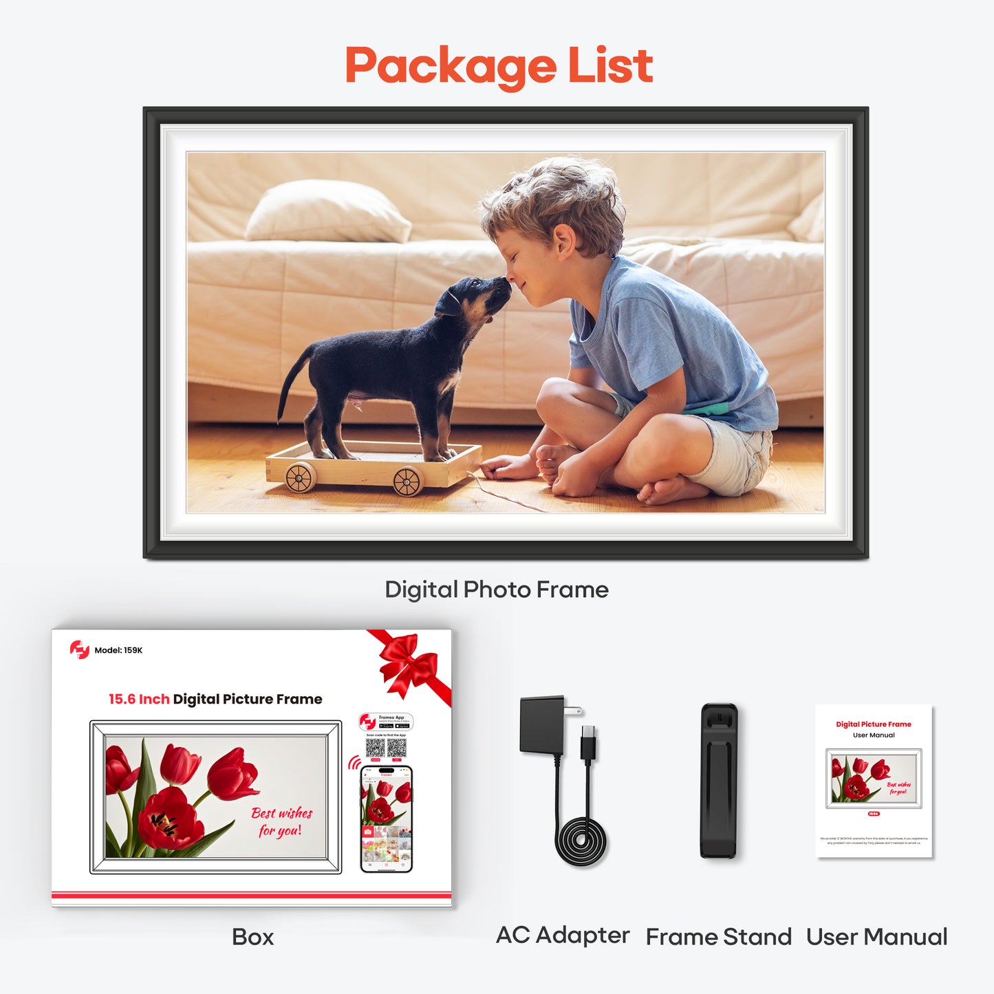 BIGASUO Digital Picture Frame Frameo 15.6" WiFi Electronic Photo Frames Large with 64GB Memory 1920x1080 IPS FHD Touch Screen Share Moments Instantly Anywhere Photo Gifts for Parents and Grandparents