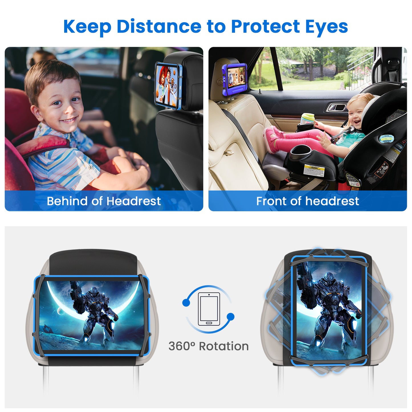 NUSICAN Car Headrest Mount Holder, Universal Back Seat Headrest Tablet Holder, Silicone Holder for Kids Tablet Stand, Anti Slip & Angle-Adjustable Holder Fits for 7-12.9'' Tablets iPad Pro Air