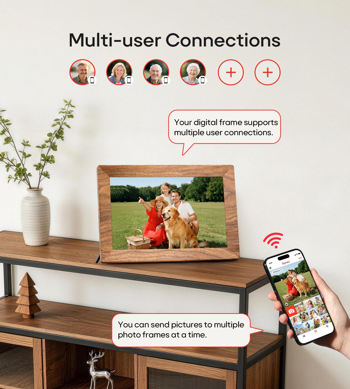 Frameo 10.1" Digital Picture Frame with 32GB Memory WiFi Electronic Photo Frame Wood 1280 x 800 IPS Touch Screen Auto-Rotate Slideshow Wall Mountable Share Photos/Video Remotely Anywhere