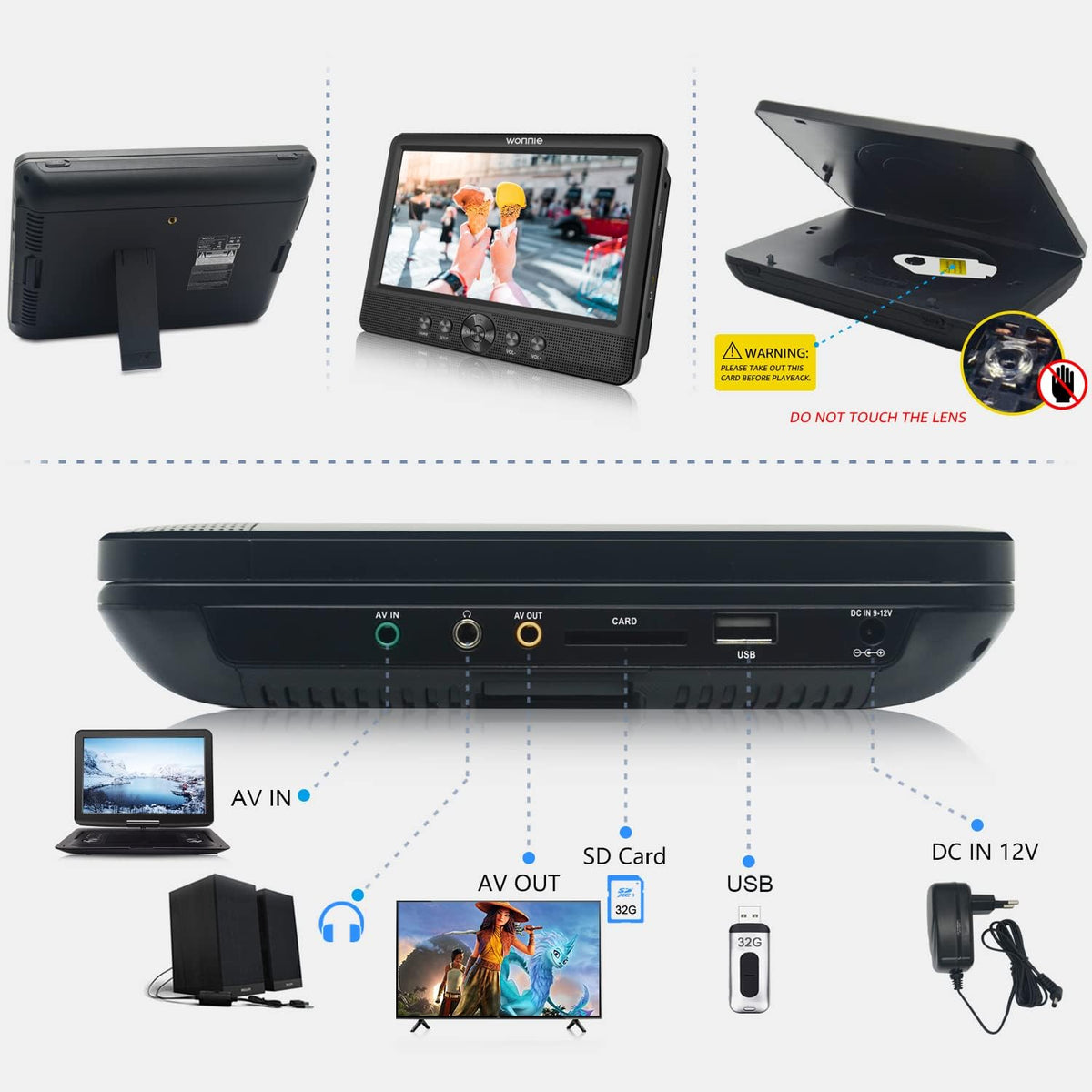 WONNIE Lecteur DVD Portable Voiture 2 Ecrans Enfants Vidéo avec Appuie-tête de 10,5 Pouces Compatible USB SD MMC 5 Heures pour Un Long Voyage(Deux Lecteur DVD)