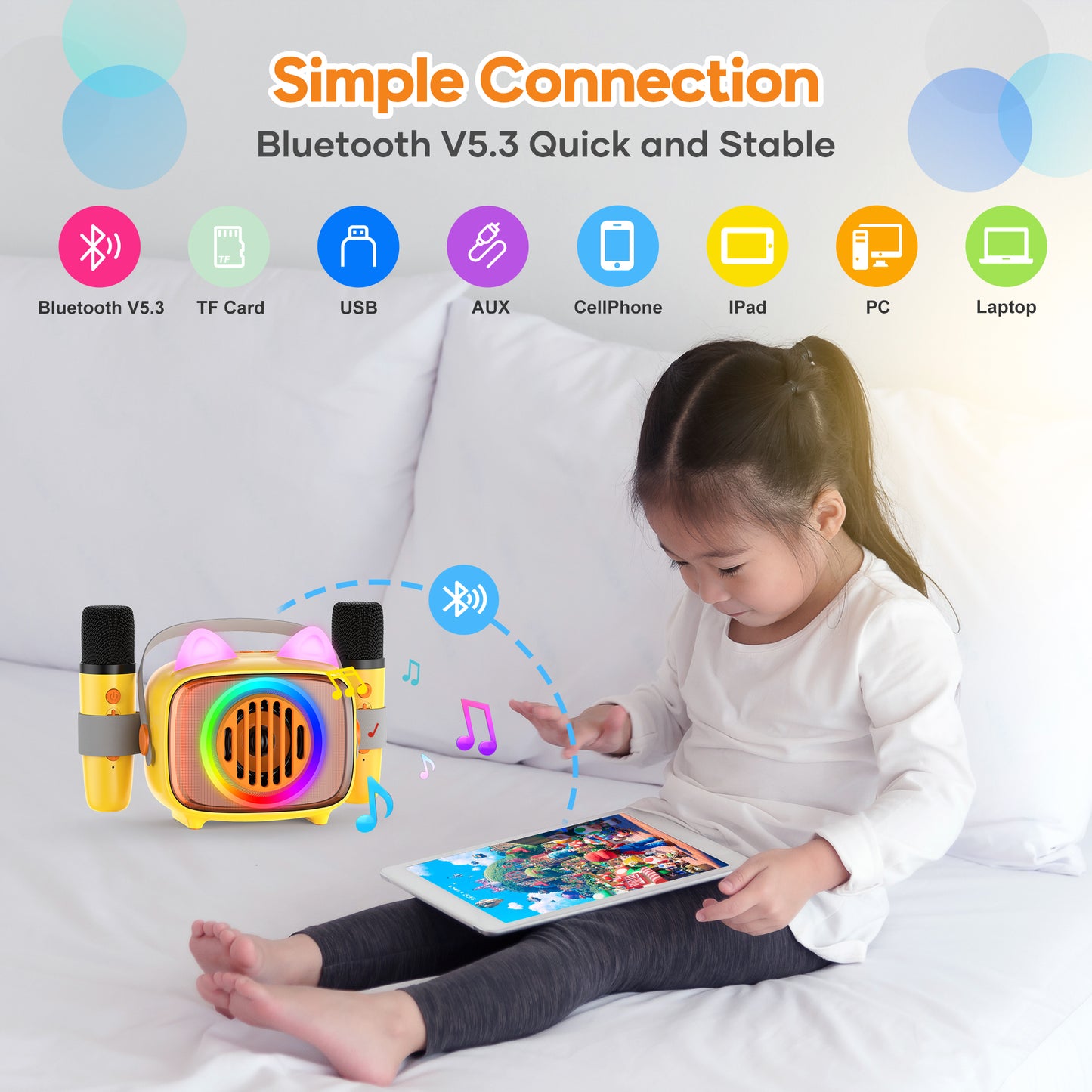 BIGASUO Kids Karaoke Machine, Portable Bluetooth Karaoke Speaker with 2 Wirless Microphones and Colorful Light,Mini Singing Machine Support TF card ,USB,AUX IN,with Shoulder Strap,Best Gift for Kids