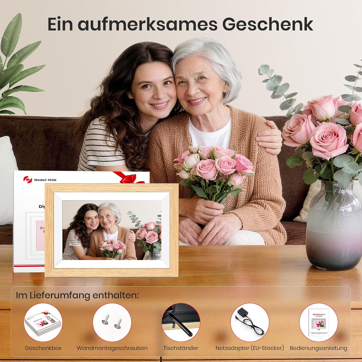 Frameo WLAN Digitaler Bilderrahmen 10,1 Zoll, HD 1280 * 800 IPS Touchscreen Elektronischer FotoRahmen mit 32GB Speicher, Auto Drehung, Einfache Weitergabe von Fotos Videos über Frameo App