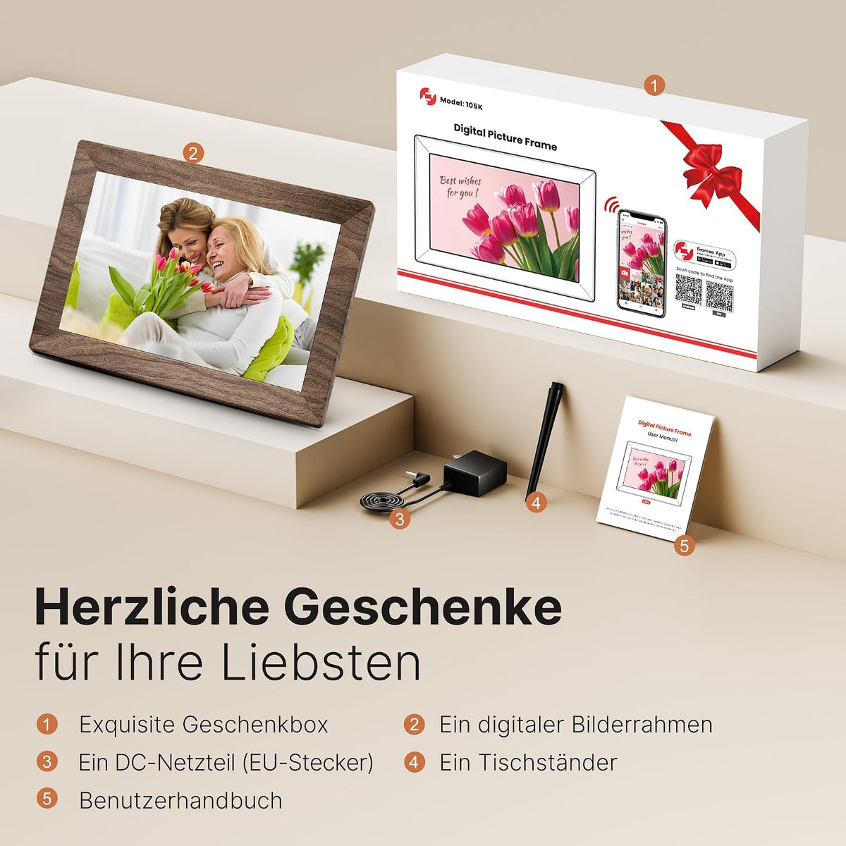 Frameo WLAN Digitaler Bilderrahmen 10,1 Zoll, HD 1280 * 800 IPS Touchscreen Elektronischer FotoRahmen mit 32GB Speicher, Auto Drehung, Einfache Weitergabe von Fotos Videos über Frameo App