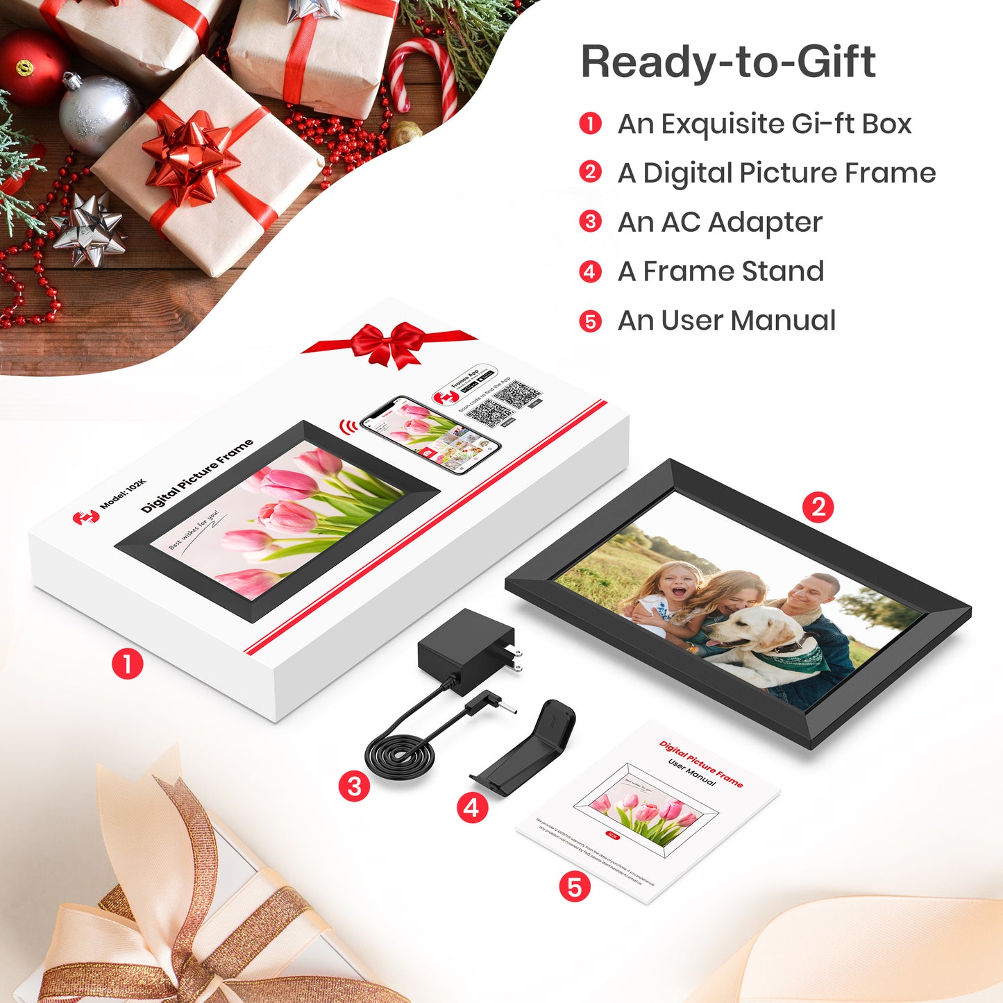 Frameo 10.1 Inch WiFi Digital Picture Frame, Smart Cloud Electronic Photo Frame with HD IPS Touch Screen Slideshow 32GB Memory Auto-Rotate Wall Mount, Share Photos/Videos from Phone - Gifts for Mom