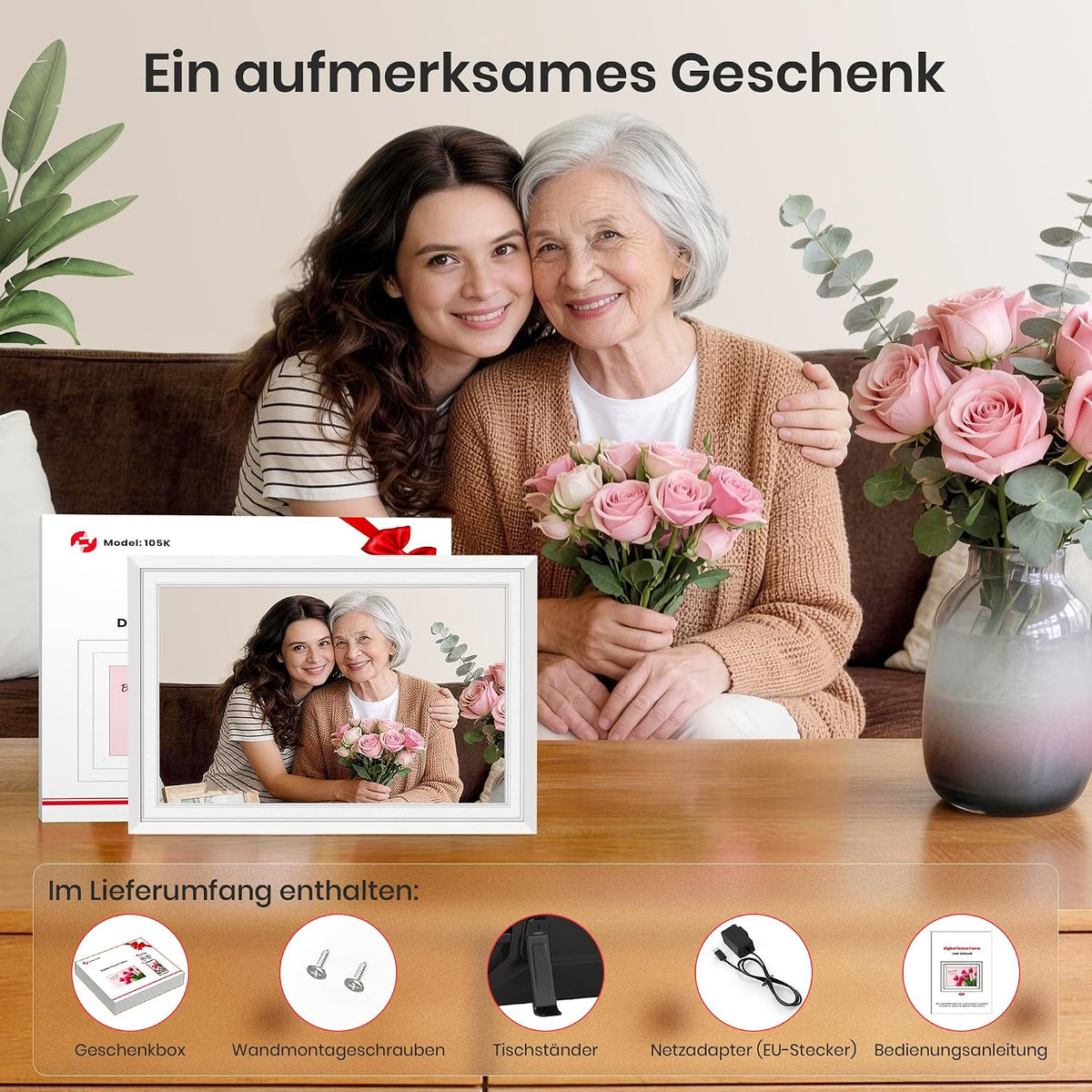 Frameo WLAN Digitaler Bilderrahmen 10,1 Zoll, HD 1280 * 800 IPS Touchscreen Elektronischer FotoRahmen mit 32GB Speicher, Auto Drehung, Einfache Weitergabe von Fotos Videos über Frameo App