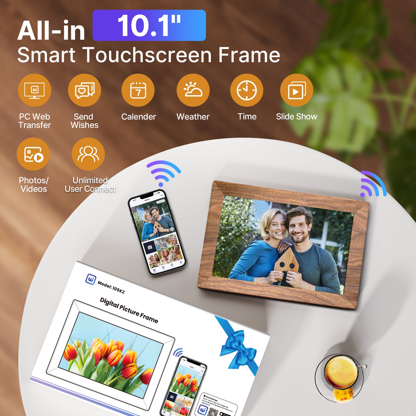TEMASH Smart Digital Picture Frame WiFi, 10.1 inch Wood Grain Plastic Electronic Photo Frame 32GB Storage Support TF Card IPS Touchscreen, Auto-Rotate Share Photos Wishes, Best Gift