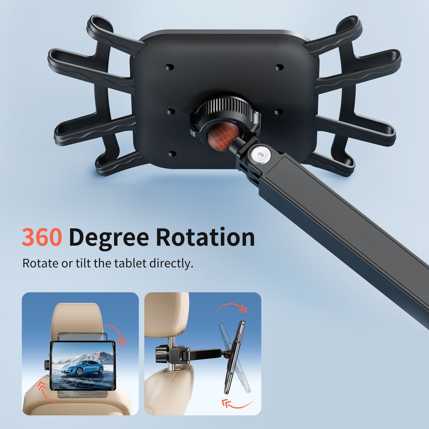 Car Headrest Tablet Holder for Kids, 360° Rotation Silicone Holder Tablet Stand, Adjustable Headrest Mount Fits for 7-13" Tablets, iPad Pro/Air/Mini