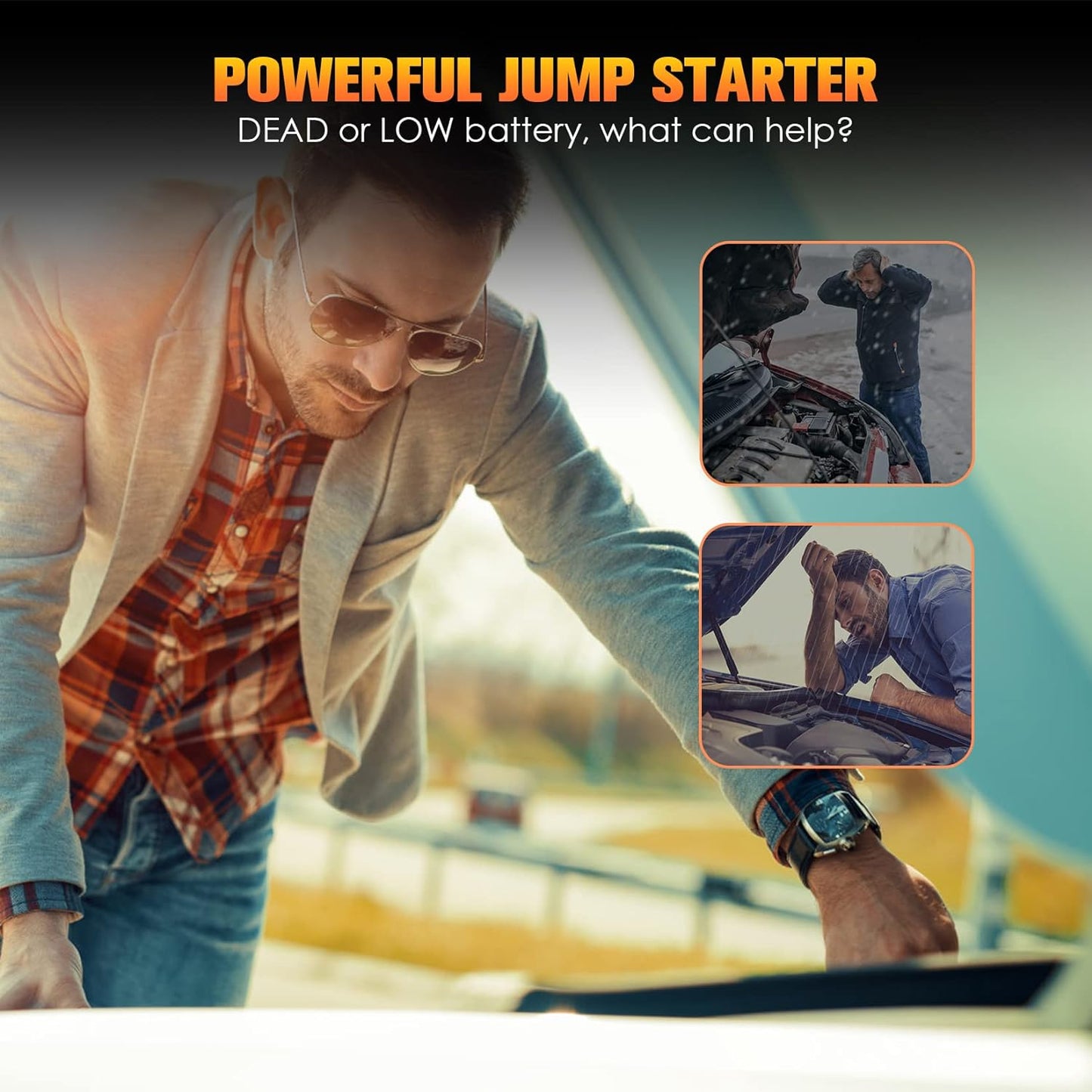 Car Jump Starter Portable, 1000A Peak Battery Charger Jumper Starter for up to 7L Gas or 5.5L Diesel Engine, 12V 12800mAh Lithium Battery Booster Jump Box with Smart Clamp Cables, LED Light
