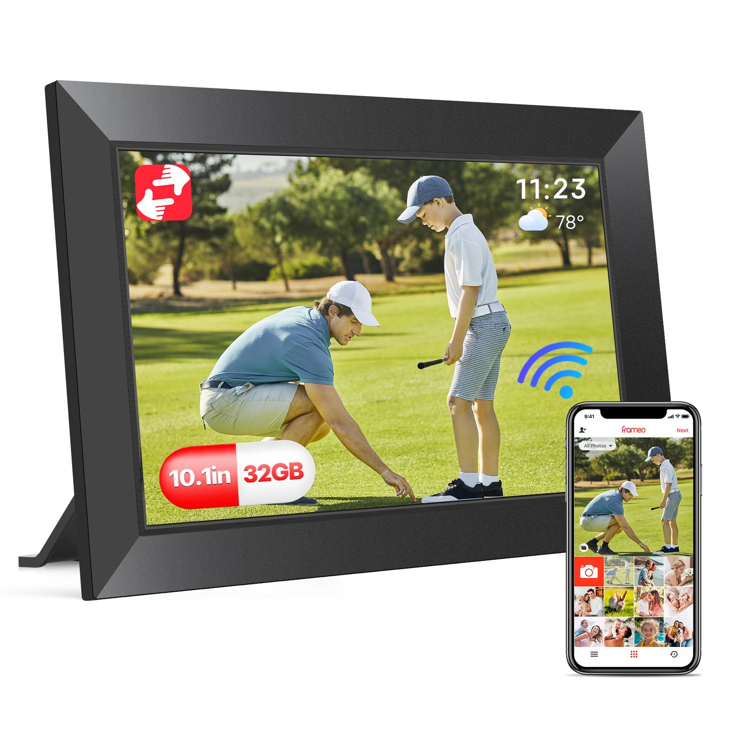RICILAR Frameo 10.1 inch WiFi Digital Picture Frame, Electronic Picture Frame with IPS Touch Screen, 32GB Storage, Auto-Rotate, Wall Mountable, Ideal Gift Selection!