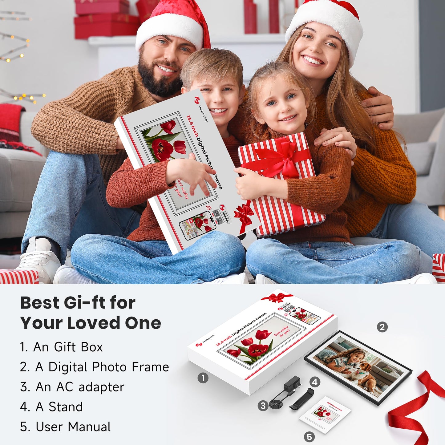 64GB 15.6 inch Frameo Digital Photo Frame WiFi -1920 * 1080 FHD Digital Picture Frame, IPS Touch Screen Electronic Frames with Auto-Rotate, Slideshow, Wall-Mounted, Share Photos Videos Instantly
