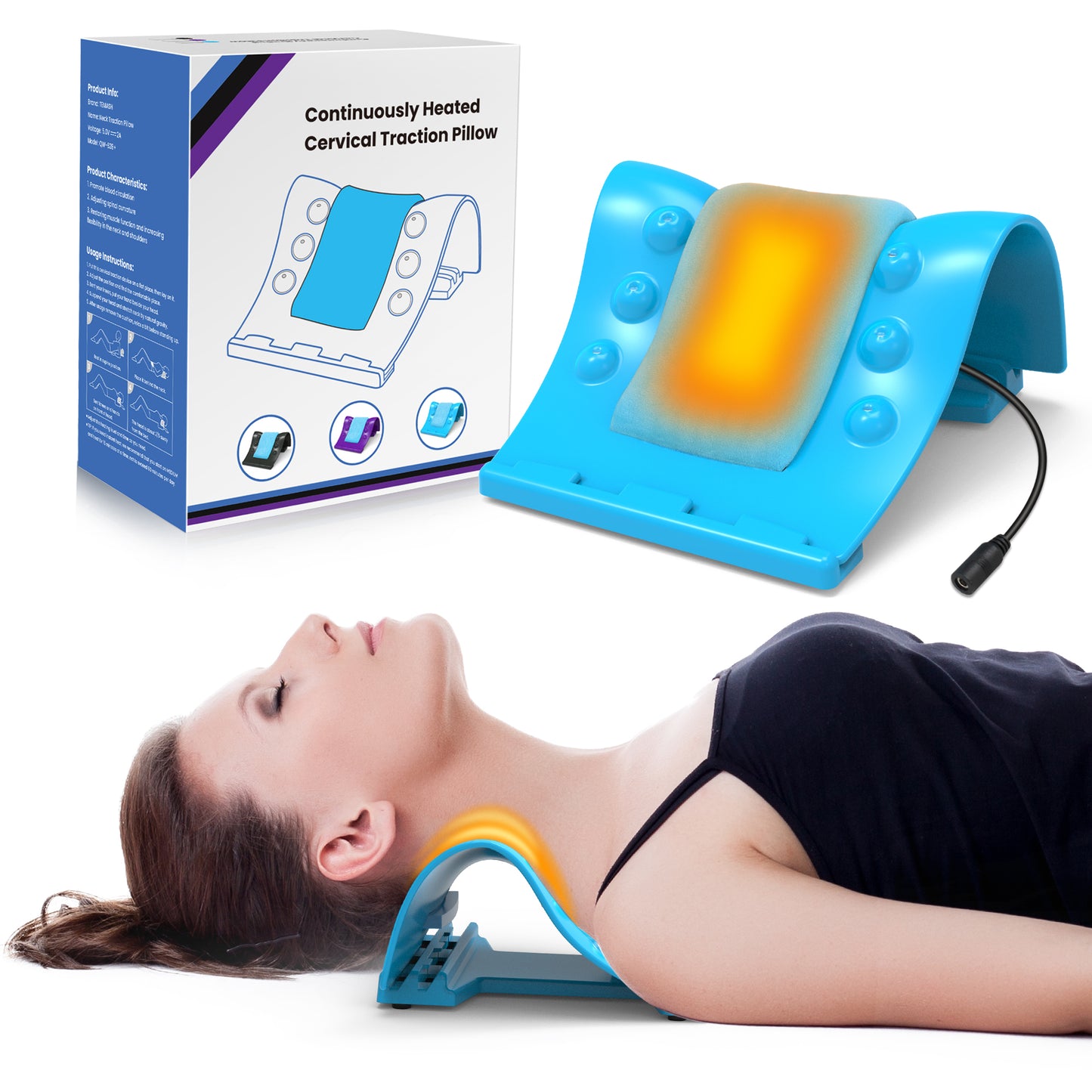TEMASH Cervical Traction Device Heated Neck Massager,Neck Pain Relief and TMJ Pain,Shoulder and Neck Massager with Heating Function for Daily Relaxation and Fatigue Relief for Adults(blue)