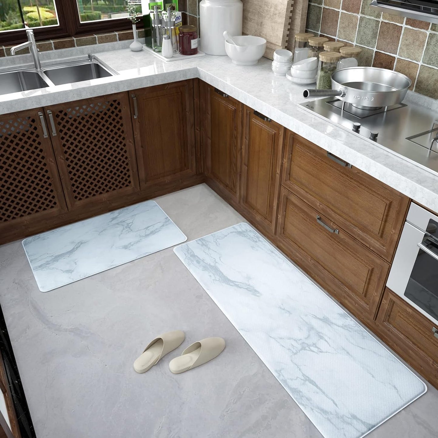 TEMASH Thick Anti Fatigue Kitchen Mat Comfort Non-Slip Kitchen Rug for Standing 2 Pcs Waterproof Floor Rugs Waterproof Kitchen Mat for Office, Home, Desk , Rug size:17"×30"+17"×47"