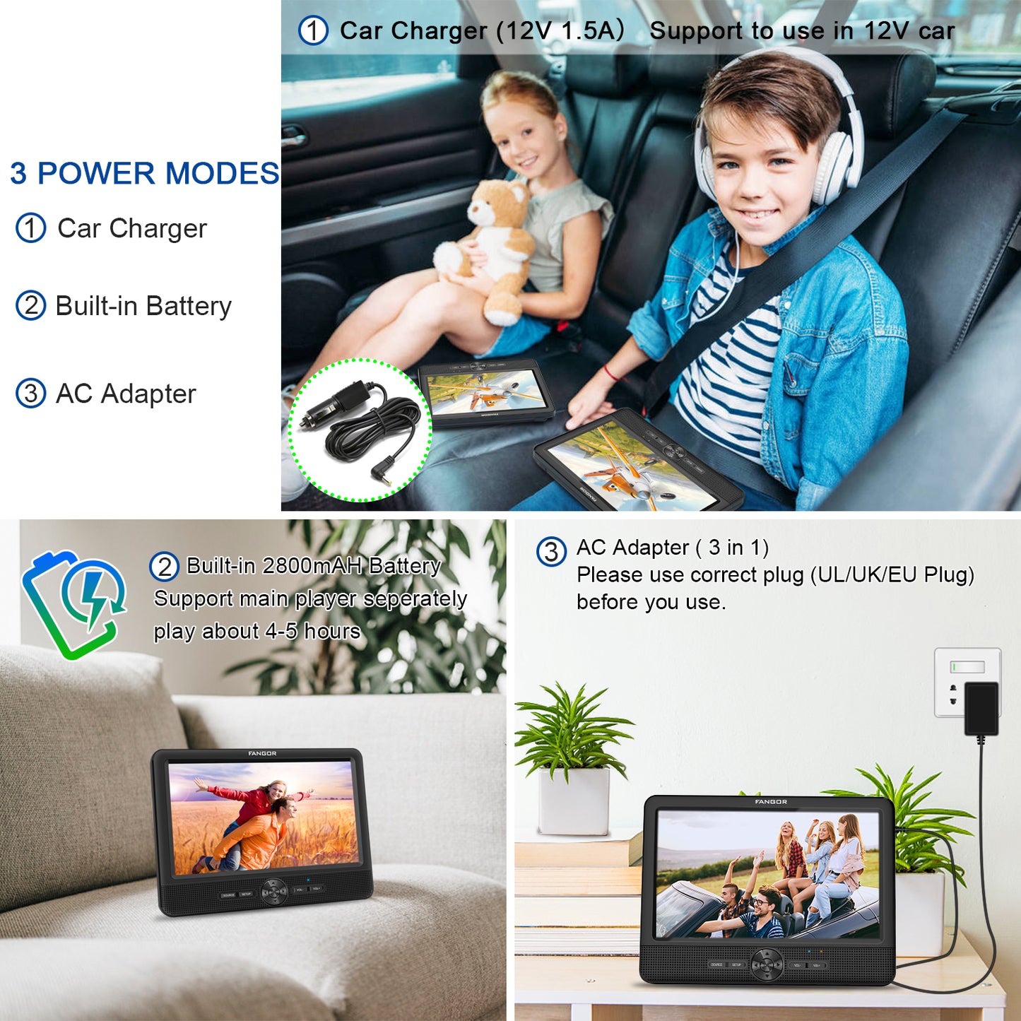 FANGOR 10.5 Dual DVD Player for Car Portable Headrest Video Players with 2 Mounting Brackets, 5 Hours Rechargeable Battery, Last Memory, USB/SD Card Reader, AV Out&in ( 1 Player + 1 Screen )