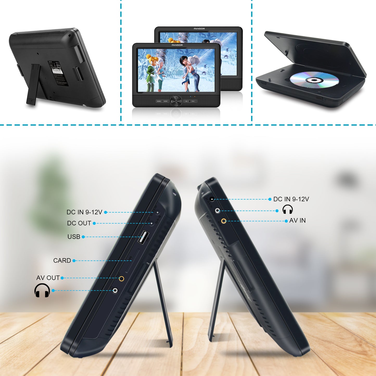 FANGOR 10.5 Dual DVD Player for Car Portable Headrest Video Players with 2 Mounting Brackets, 5 Hours Rechargeable Battery, Last Memory, USB/SD Card Reader, AV Out&in ( 1 Player + 1 Screen )