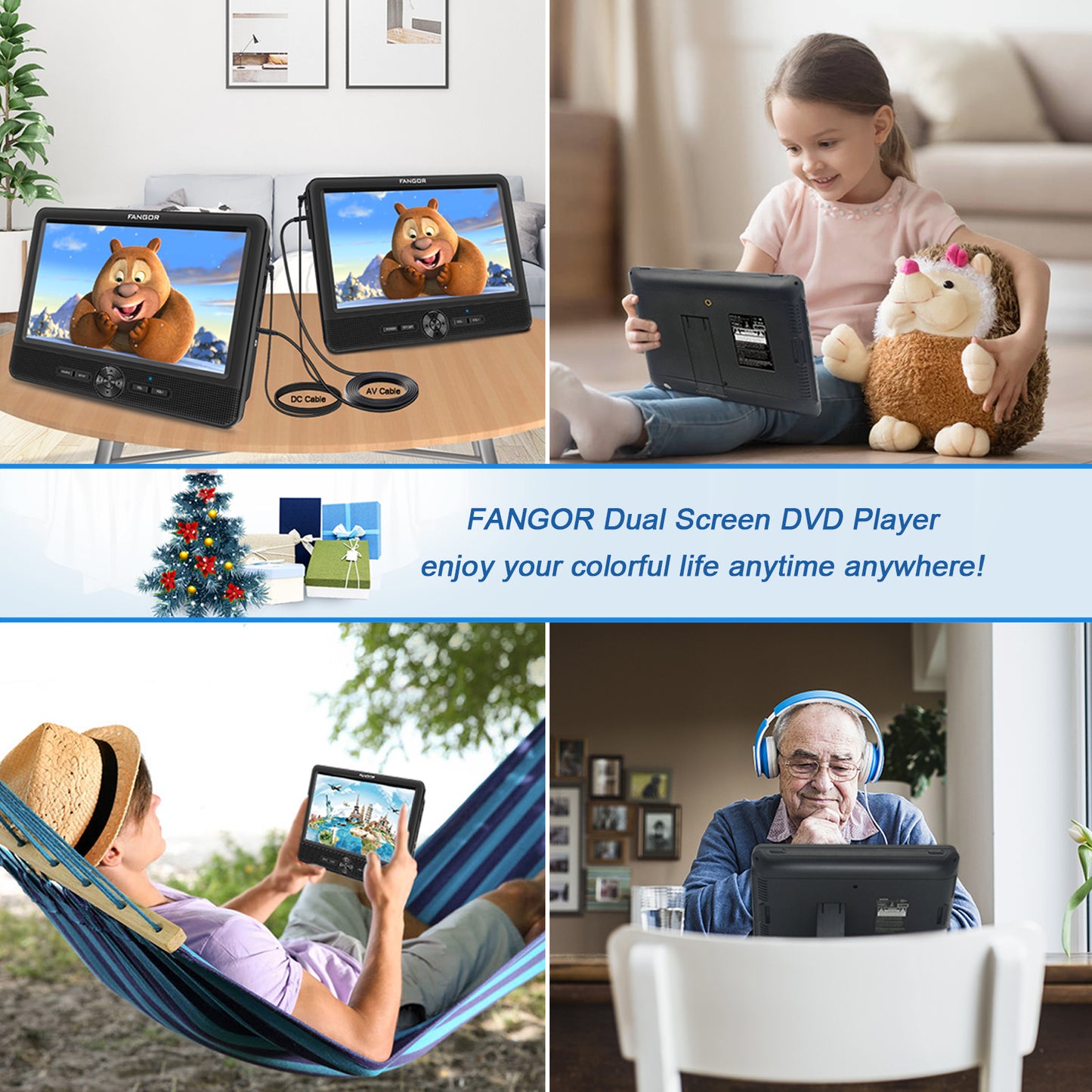 FANGOR 10.5 Dual DVD Player for Car Portable Headrest Video Players with 2 Mounting Brackets, 5 Hours Rechargeable Battery, Last Memory, USB/SD Card Reader, AV Out&in ( 1 Player + 1 Screen )