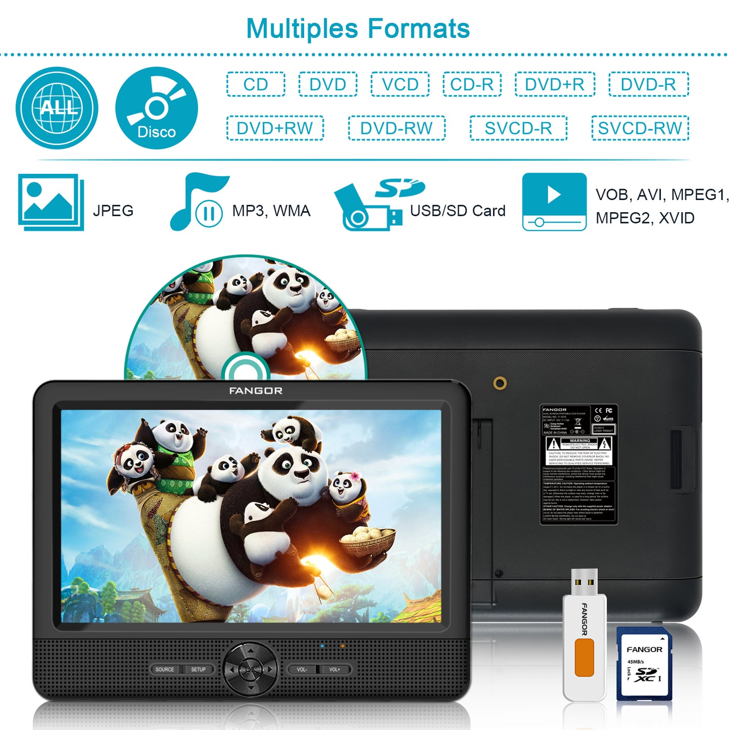 FANGOR 10.5 Dual DVD Player for Car Portable Headrest Video Players with 2 Mounting Brackets, 5 Hours Rechargeable Battery, Last Memory, USB/SD Card Reader, AV Out&in ( 1 Player + 1 Screen )