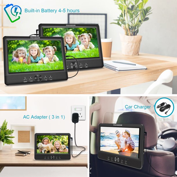 FANGOR 10.5" Dual Screen Portable DVD Player For Car, HD Display,5 Hours Rechargeable Battery, Last Memory, Good Travel Companion,Best Gift for Kids,Black( a DVD Player + a Monitor)