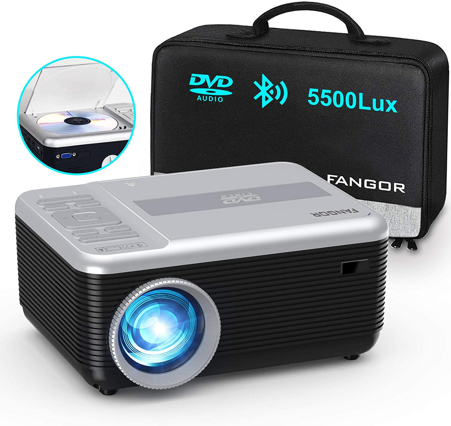 FANGOR 301 Mini Projector,  Portable Movie Projector Built in DVD Player, HD 1080P Bluetooth Projector(sell to JP)