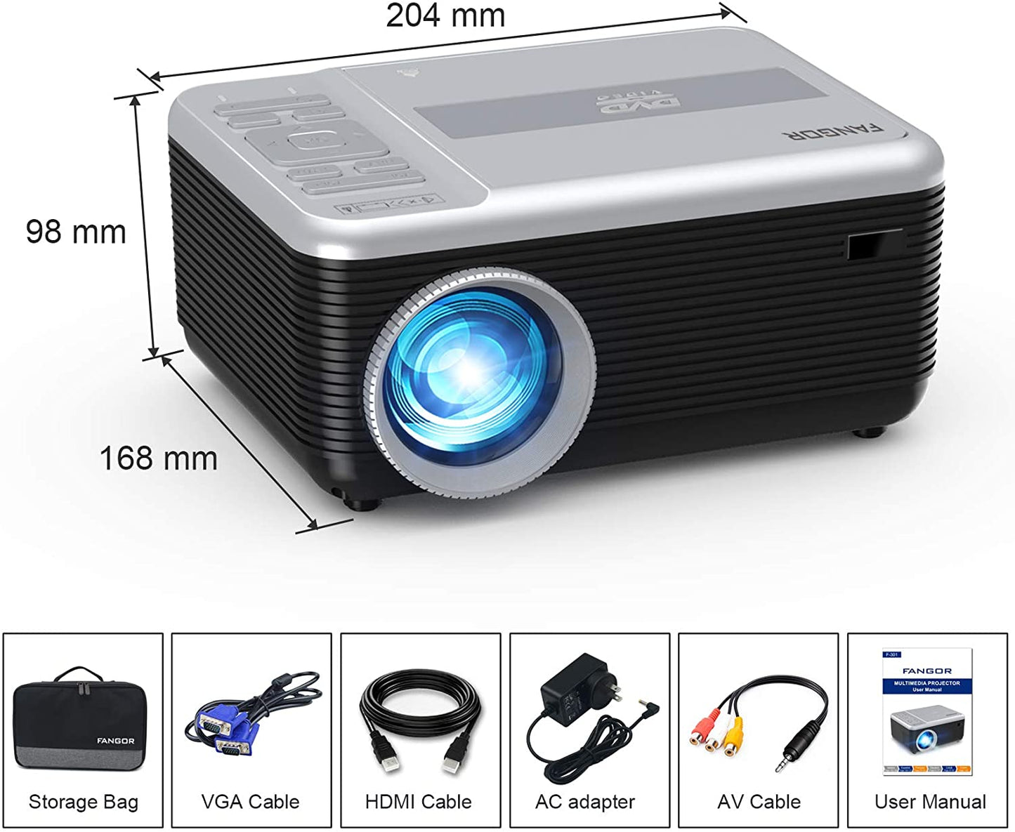 FANGOR 301 Mini Projector,  Portable Movie Projector Built in DVD Player, HD 1080P Bluetooth Projector(sell to JP)