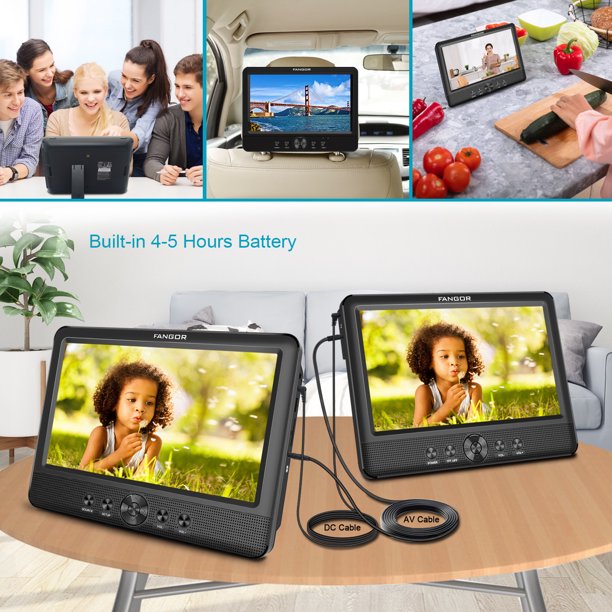FANGOR 10.5" Dual Screen Portable DVD Player For Car, HD Display,5 Hours Rechargeable Battery, Last Memory, Good Travel Companion,Best Gift for Kids,Black( a DVD Player + a Monitor)