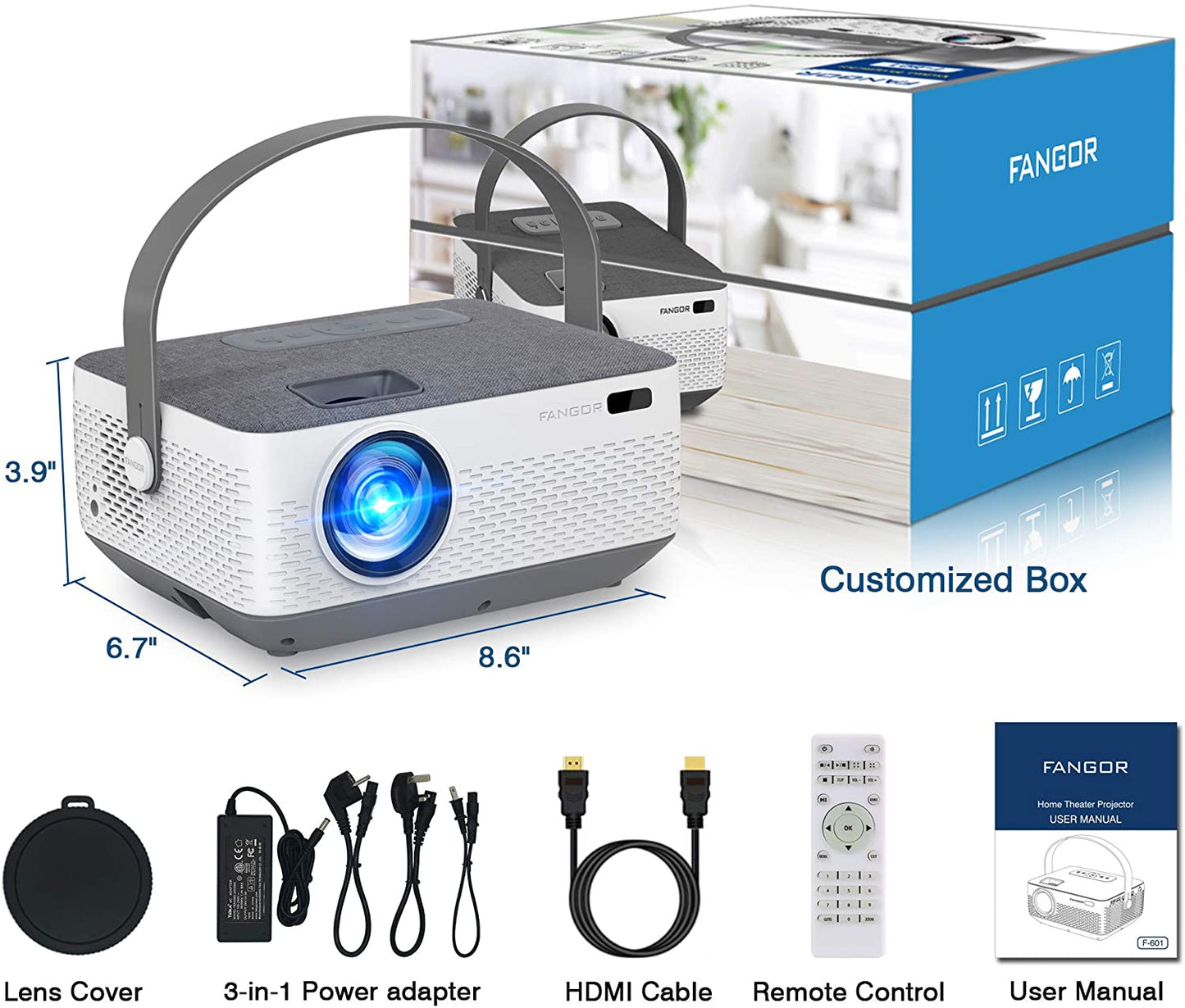 FANGOR 601 WiFi Projector Bluetooth 8400mAh Battery, Rechargeable Portable Home Projector, 1080P Supported