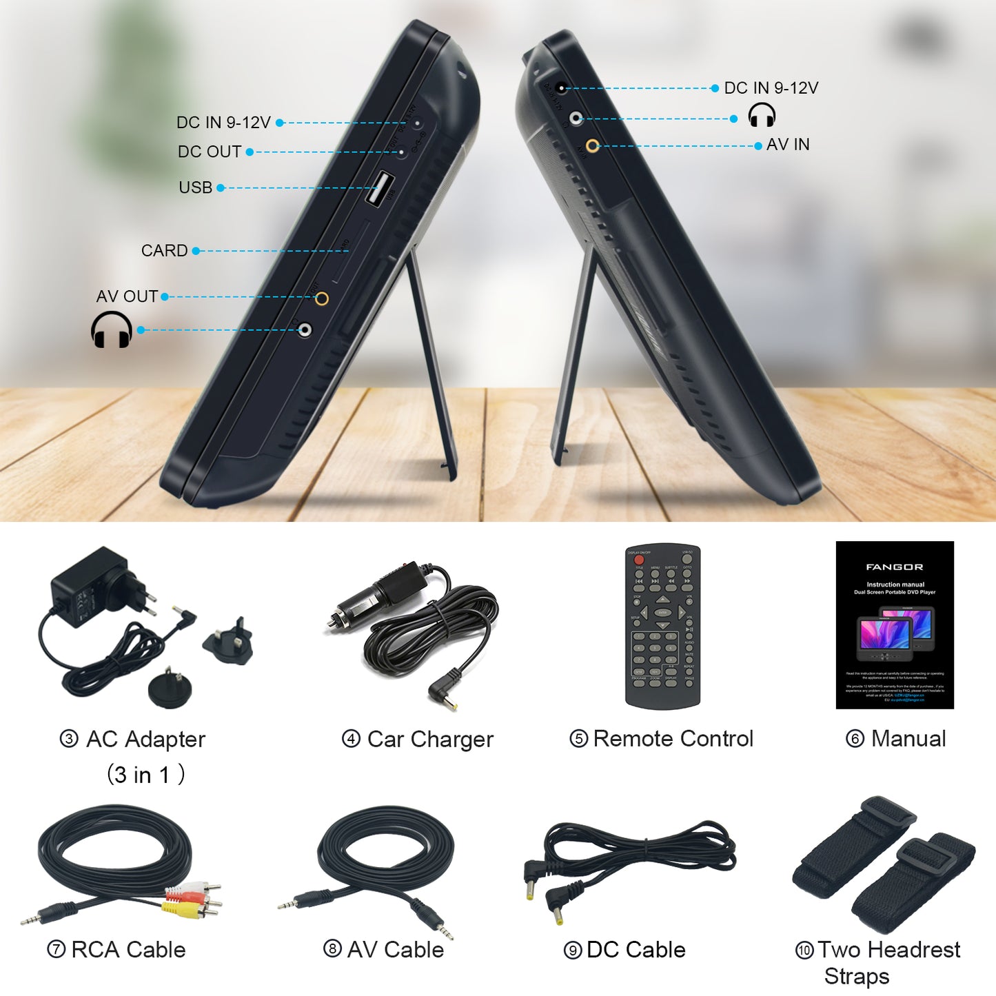 FANGOR 611  7.5’’ Dual Car DVD Player, Two Screens, USB/SD/MMC