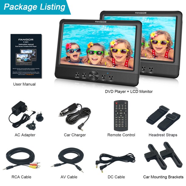 FANGOR 10.5" Dual Screen Portable DVD Player For Car, HD Display,5 Hours Rechargeable Battery, Last Memory, Good Travel Companion,Best Gift for Kids,Black( a DVD Player + a Monitor)