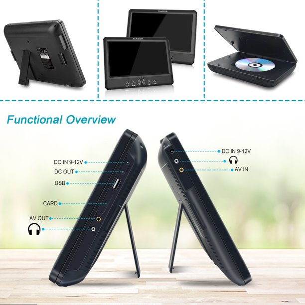 FANGOR 10.5" Dual Screen Portable DVD Player For Car, HD Display,5 Hours Rechargeable Battery, Last Memory, Good Travel Companion,Best Gift for Kids,Black( a DVD Player + a Monitor)