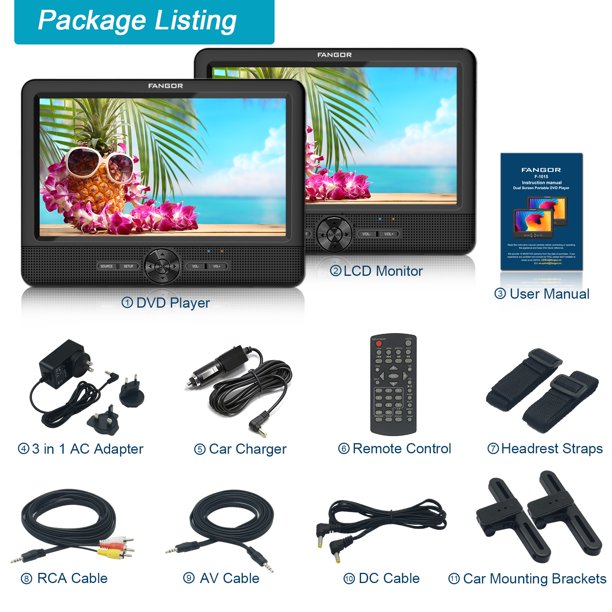 Fangor Premium 10" Dual DVD Players for Car, Ideal Gift for Keeping Kids Quiet and Comfortable on Long Car Trips (DVD Player + Monitor)