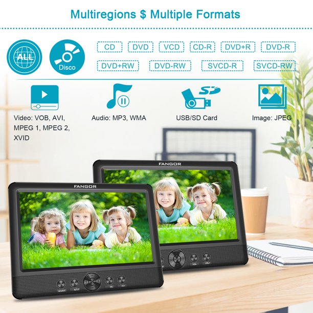 FANGOR 10.5" Dual Screen Portable DVD Player For Car, HD Display,5 Hours Rechargeable Battery, Last Memory, Good Travel Companion,Best Gift for Kids,Black( a DVD Player + a Monitor)