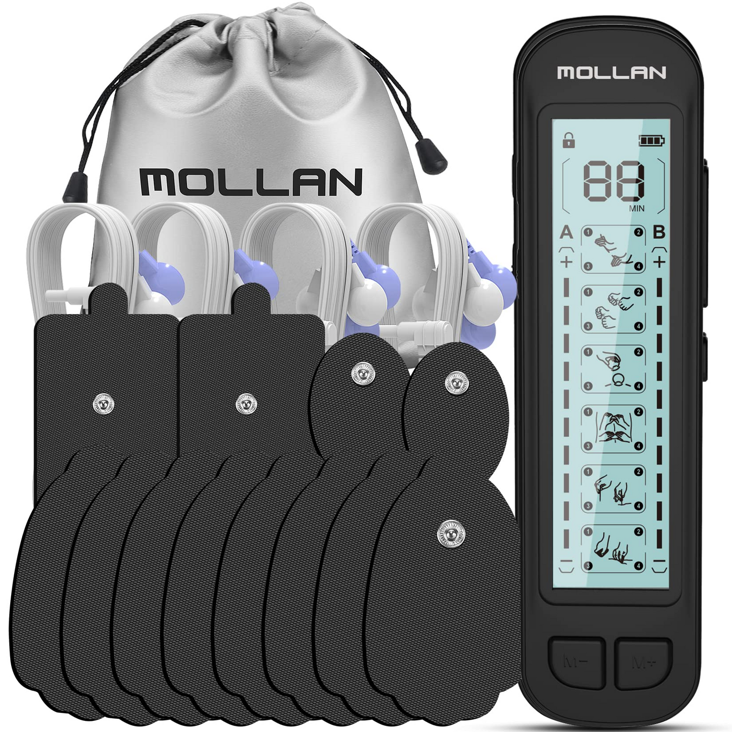 Mollan Dual Channel TENS Unit 24 Modes Electronic Pulse Massager with 12x2 Electrode Pads, EMS Muscle Stimulator Therapy for Lower, Shoulder, Arm, Back, Leg, Foot, and Arthritis Pain