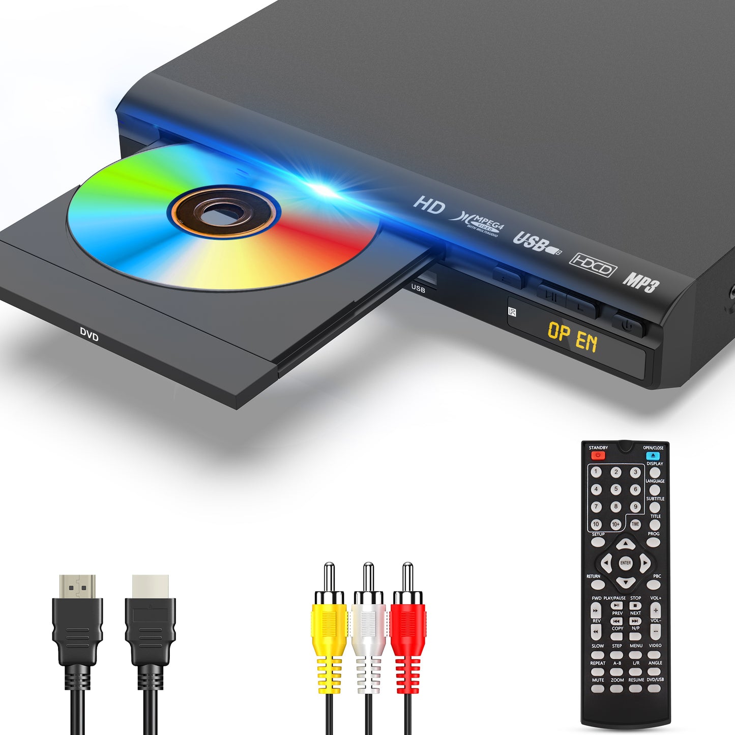 WONNIE HD DVD Player for TV, CD Players for Home with HD/AV/Coaxial Output &USB Input, Built in PAL/NTSC System, HDMI/AV Cable and Full Function Remote Control Included